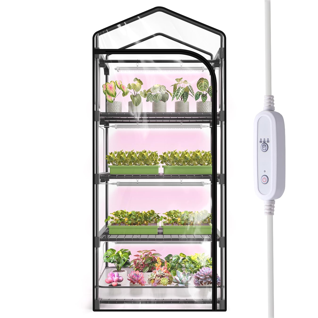 Mini Indoor Greenhouse with Grow Light, 4-Tier Plant Stand with Zippered Cover, Ventilation Window, Bottom Pouch, 20W Full Spectrum Plant Light with Timer for Seedling, 27"L x 19"W x 63"H-image-19