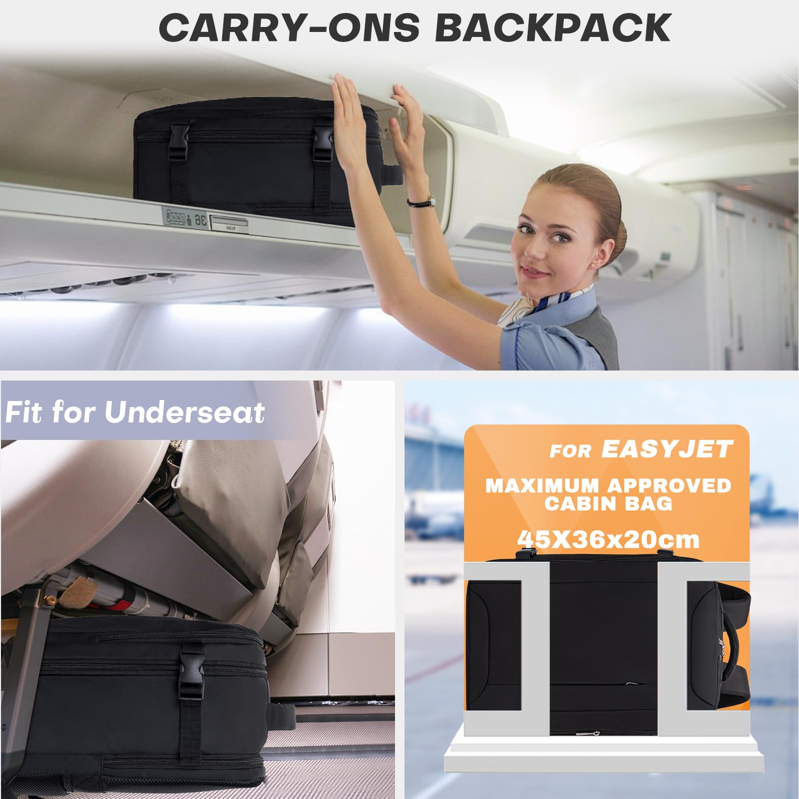 Xkdoai Zaino 45x36x20 per Easyjet, Bagaglio a Mano Dimensioni adatte Borse Cabina Valigia Zaini Casual Unisex Borsone da Viaggio Impermeabile Casual Daypack per Scuola Trekking Lavoro