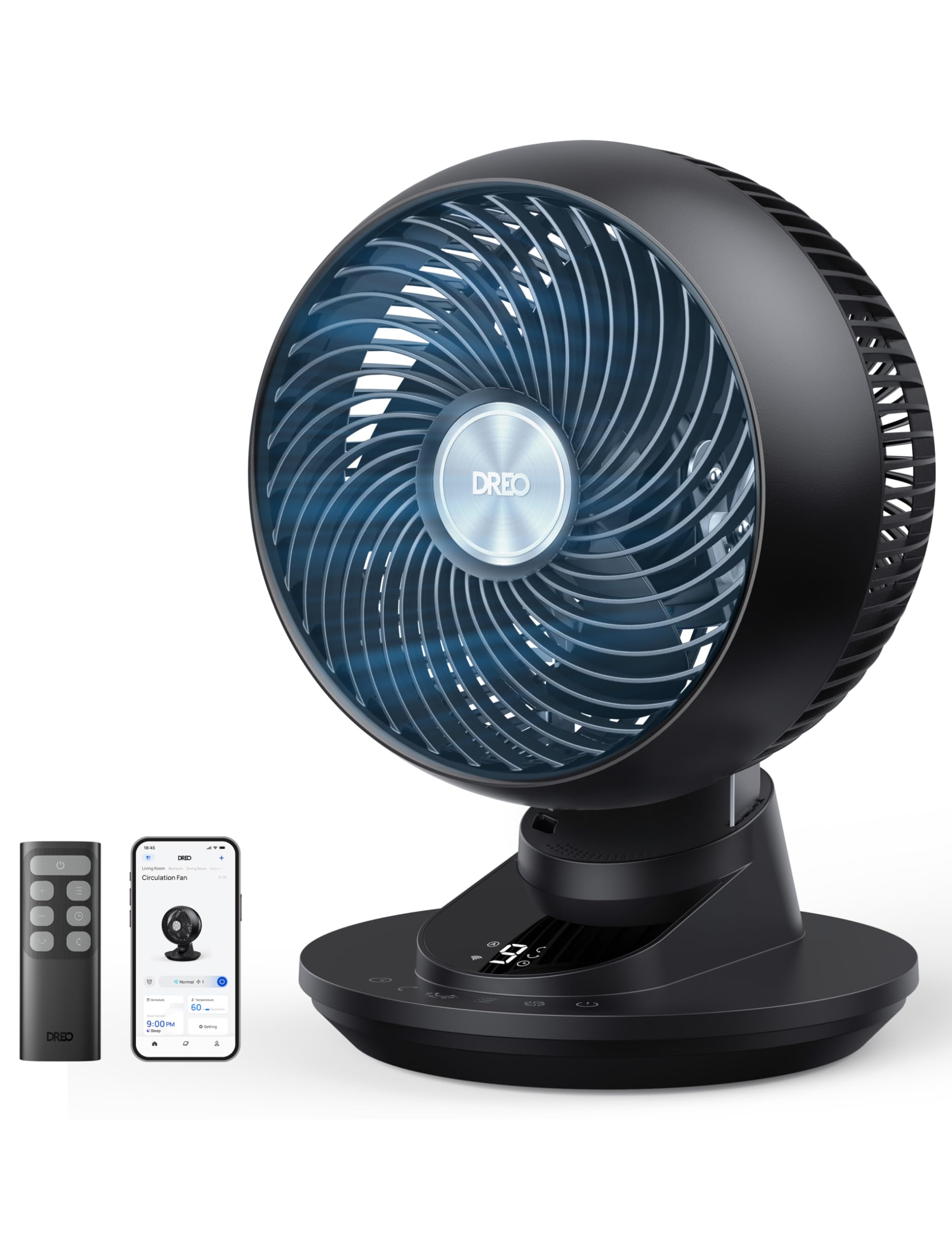 DREO 20dB Smart Desk Fan for Bedroom, 90°+90° Oscillation, Silent cooling Air Circulator, Powerful DC Motor with 85ft Airflow, 9 Speeds, 6 Modes, 1-12H Timer, App & Voice Control, Home & Office