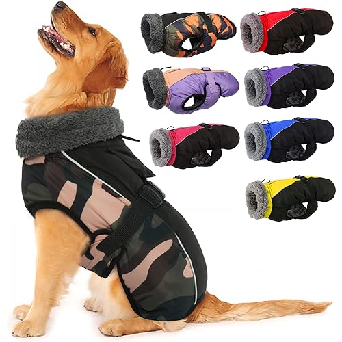 IECOii Extra Warm Dog Coat Reflective Adjustable Dog Jacket Dog Winter Coat with Buckle Fleece Turtleneck Dog Jacket for Cold Weather Soft Winter Coat for Small Medium Extra Large Dogs Green Camo