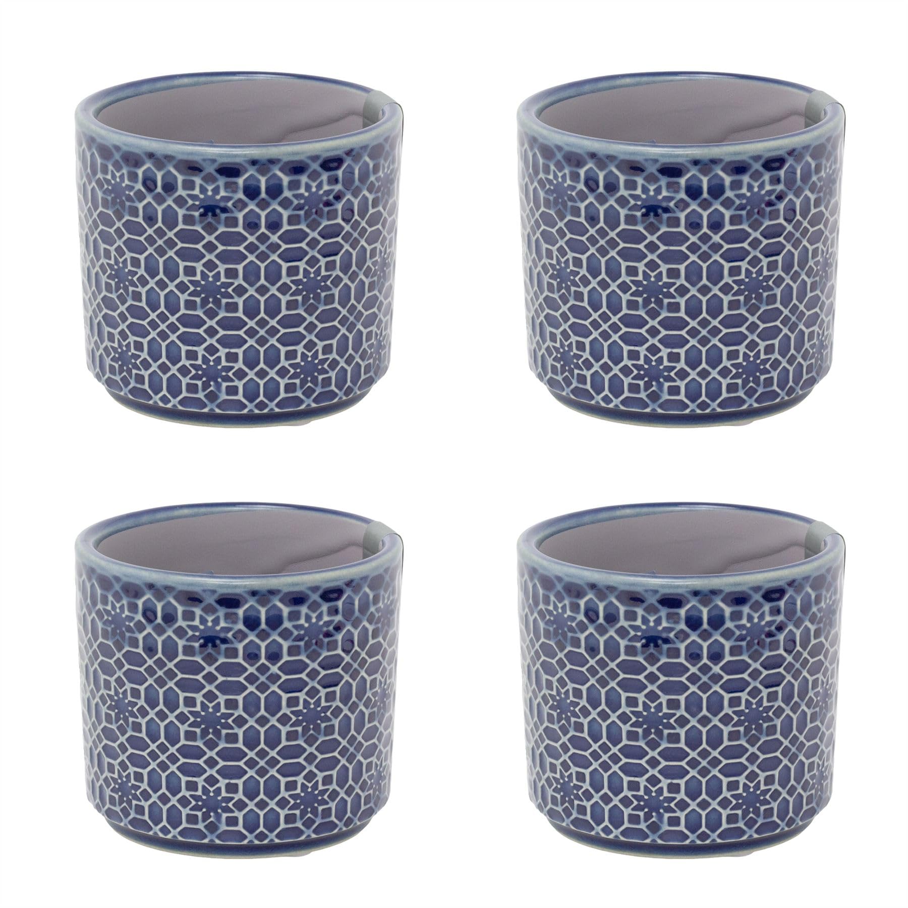 Carousel Home Set of 4 Mini Navy Blue Trellis Stoneware Plant Pots, 7cm Small Ceramic Planters Cachepots for Succulents, Herbs and Indoor Plants