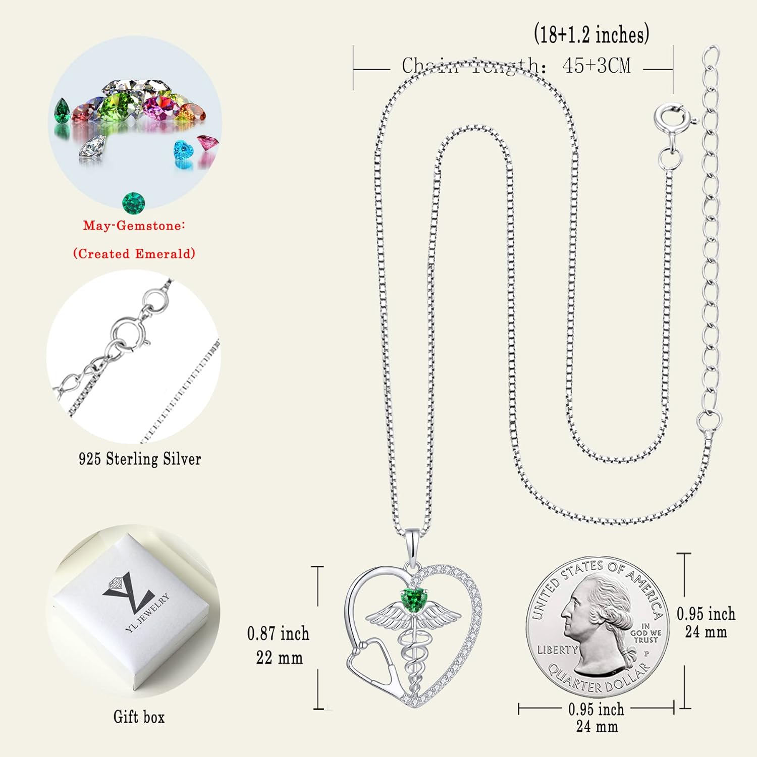 YL Caduceus Heart Necklace for Women Sterling Silver Doctor Nurse Themed Stethoscope Pendant Birthstone Angel Wings Snake Jewelry