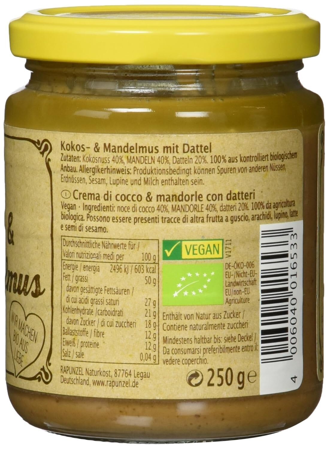 Rapunzel Beurre de noix de coco et d'amande aux dattes - Lot de 3 x 250 g