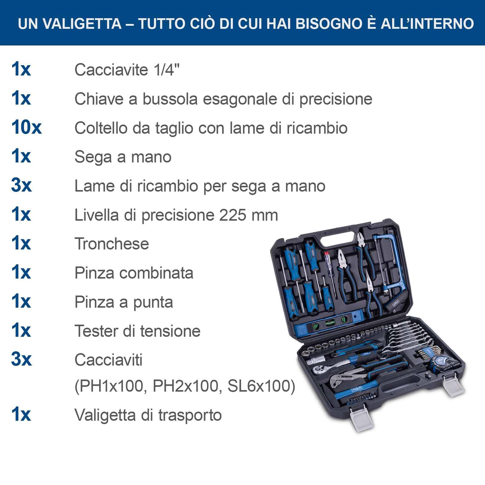 Scheppach cassetta degli attrezzi WZK120 | Set di utensili da 97pezzi in una robusta valigetta in plastica | Utensili con impugnatura gommata | Inserti bit, cacciaviti bussole esagonali e molto altro.