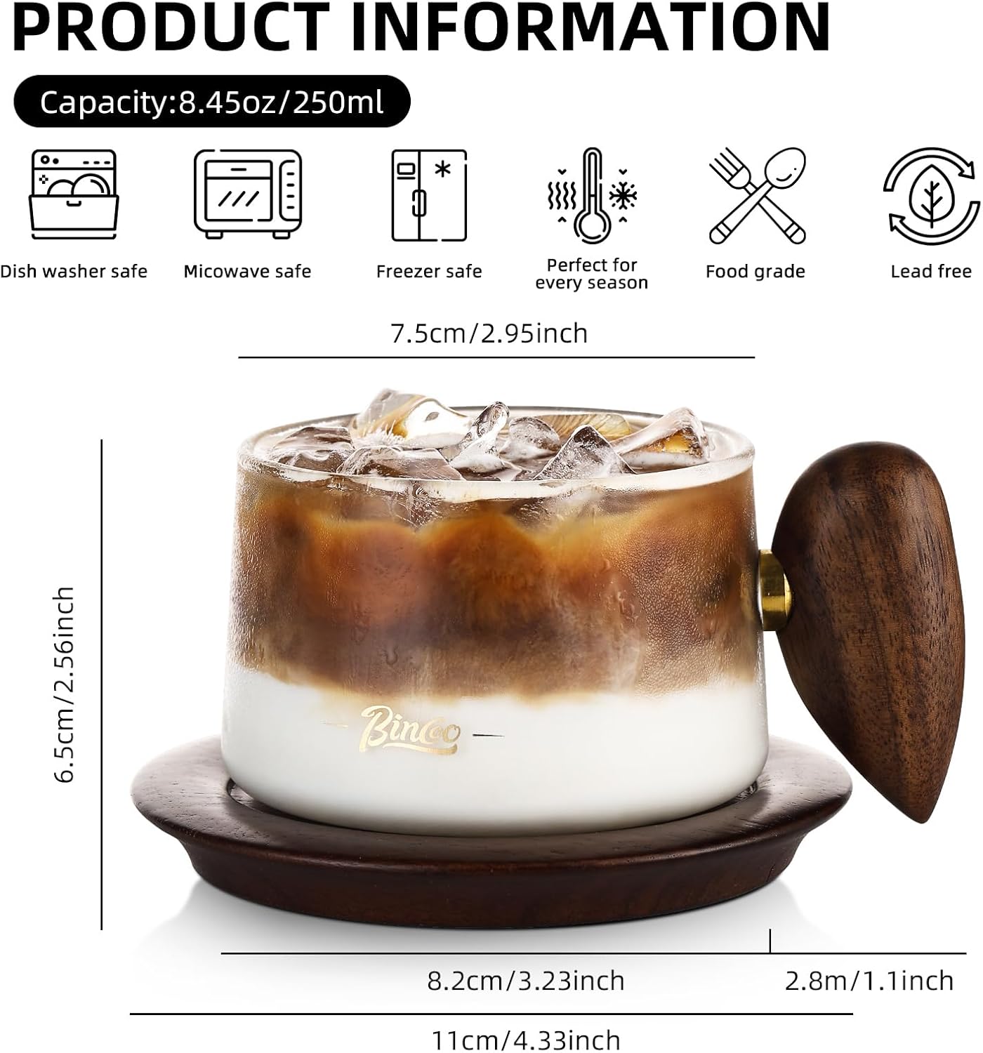 Bincoo Glass Coffee Cups and Saucers Set,250ML Clear Glass Iced Coffee Mug Espresso Cup Tea Cup with Walnut Coaster and Handle - Image 9