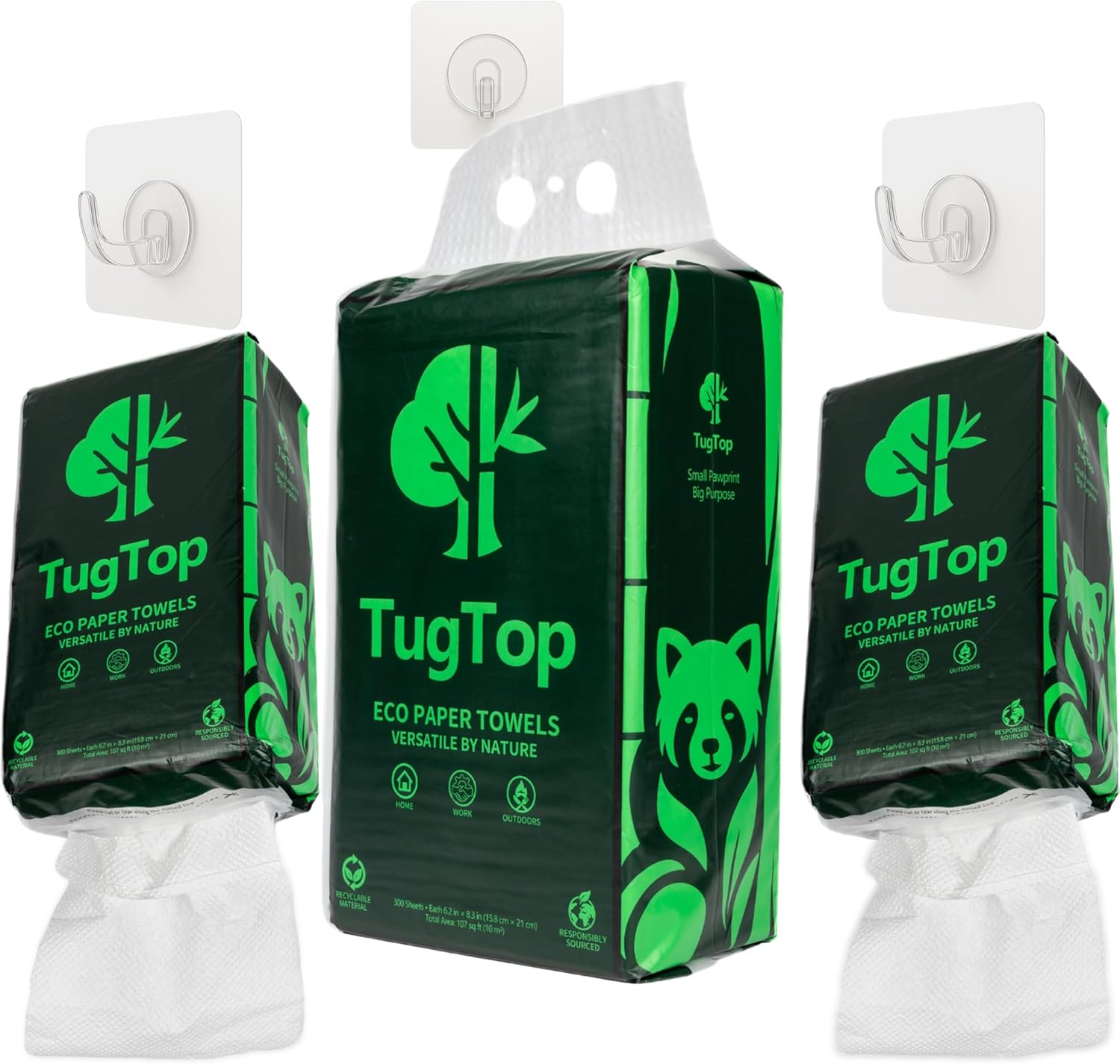 Eco Paper Towels (3 Pack, 900 Sheets + 3 Hooks) | Portable Hanging Bag Dispenser, Bamboo & Wood Blend for Car, Camping, RV, Garage, Indoors & Outdoors