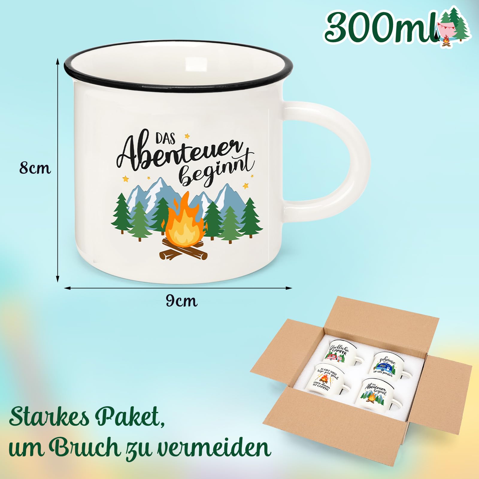 Camping Tasse Becher zum Campen Ausrüstung Geschenke für Camper Familie Womo-Bewohner Freunde Deko für Wandern Wohnwagen Wohnmobil Ausflüge 4 Stück