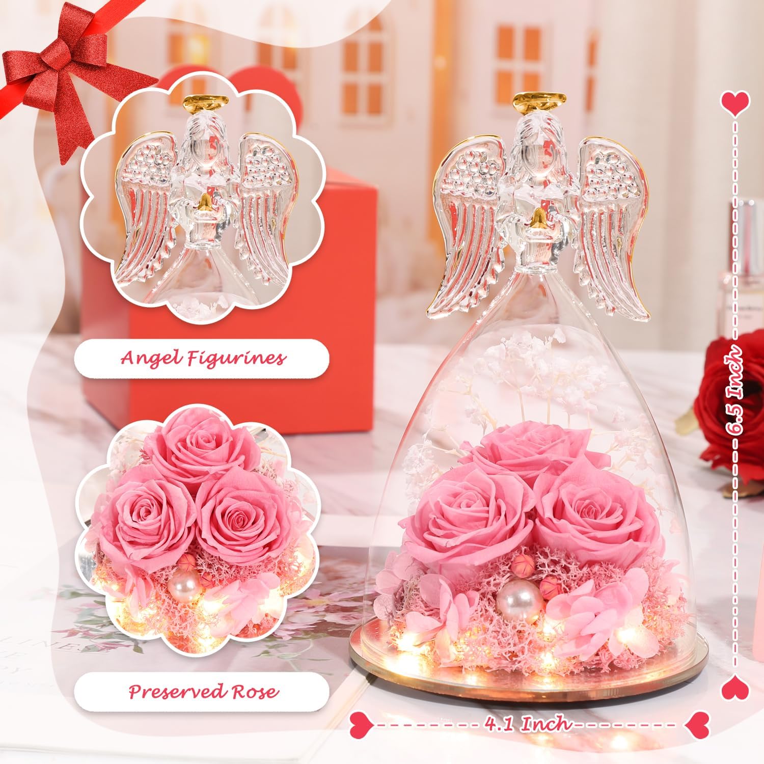 Christmas Angel Gifts for Women Gift for Mom,Preserved Real Rose in Glass Angel Figurines with Angel Necklace,Preserved Flower Birthday Gifts for Women Mom Wife Girlfriend for Thanksgiving Xmas Gift - Image 6