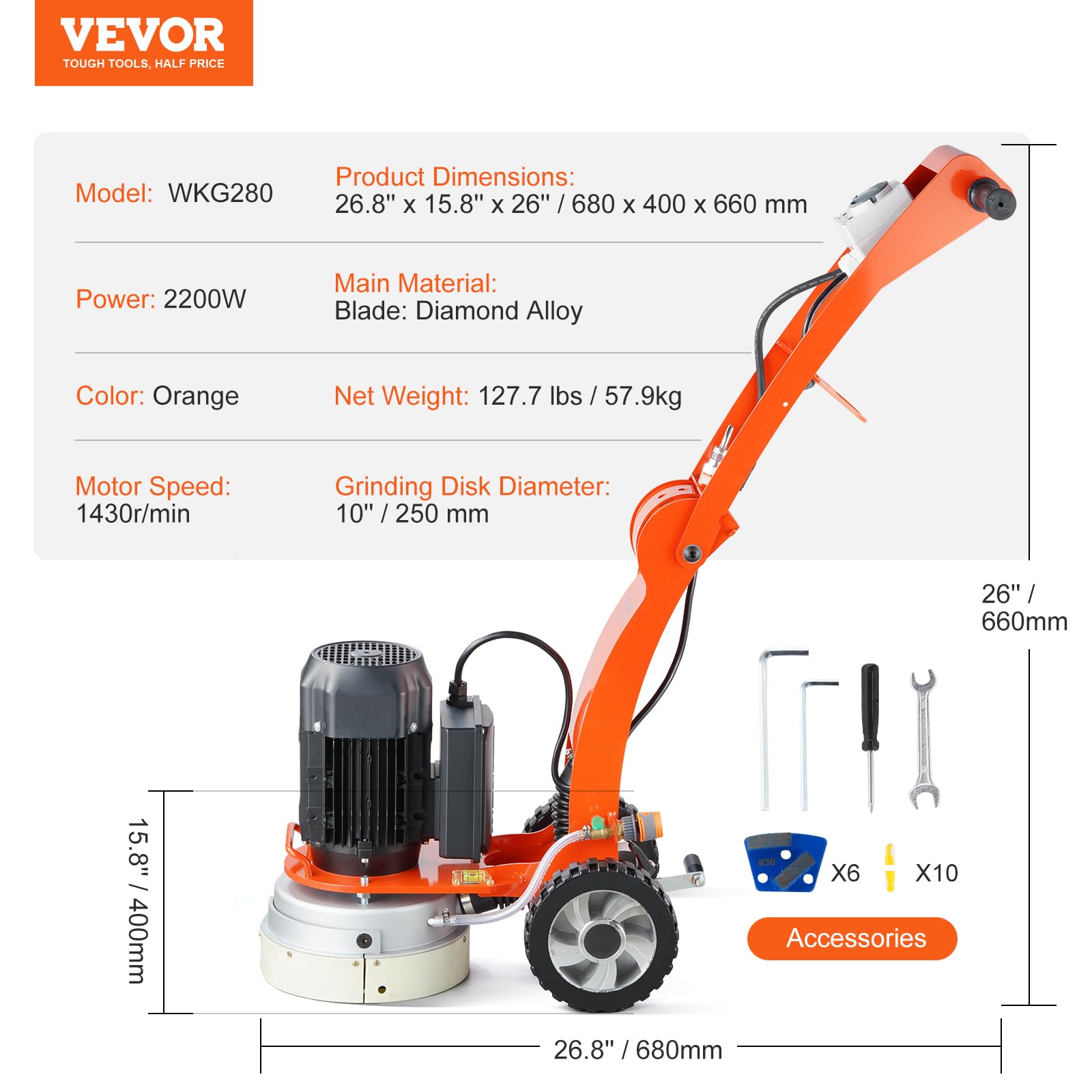 VEVOR Smerigliatrice Elettrica per Pavimenti in Cemento 250 mm Smerigliatrice con guida terra 3.0 HP Lucidatrice per Pavimenti, Smerigliatrice 2200W con Motore Brushless 1430 Giri/min Granito Marmo