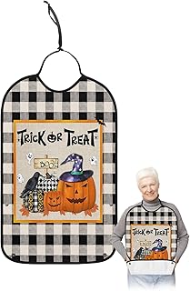 BOBOWUNY Halloween Adult Bibs for Elder Women Men Eating, Trick or Treat Pumpkin Black White Plaid Waterproof & Washable Bibs for Eating Clothing Protector Dining Bibs for Crumb Catcher