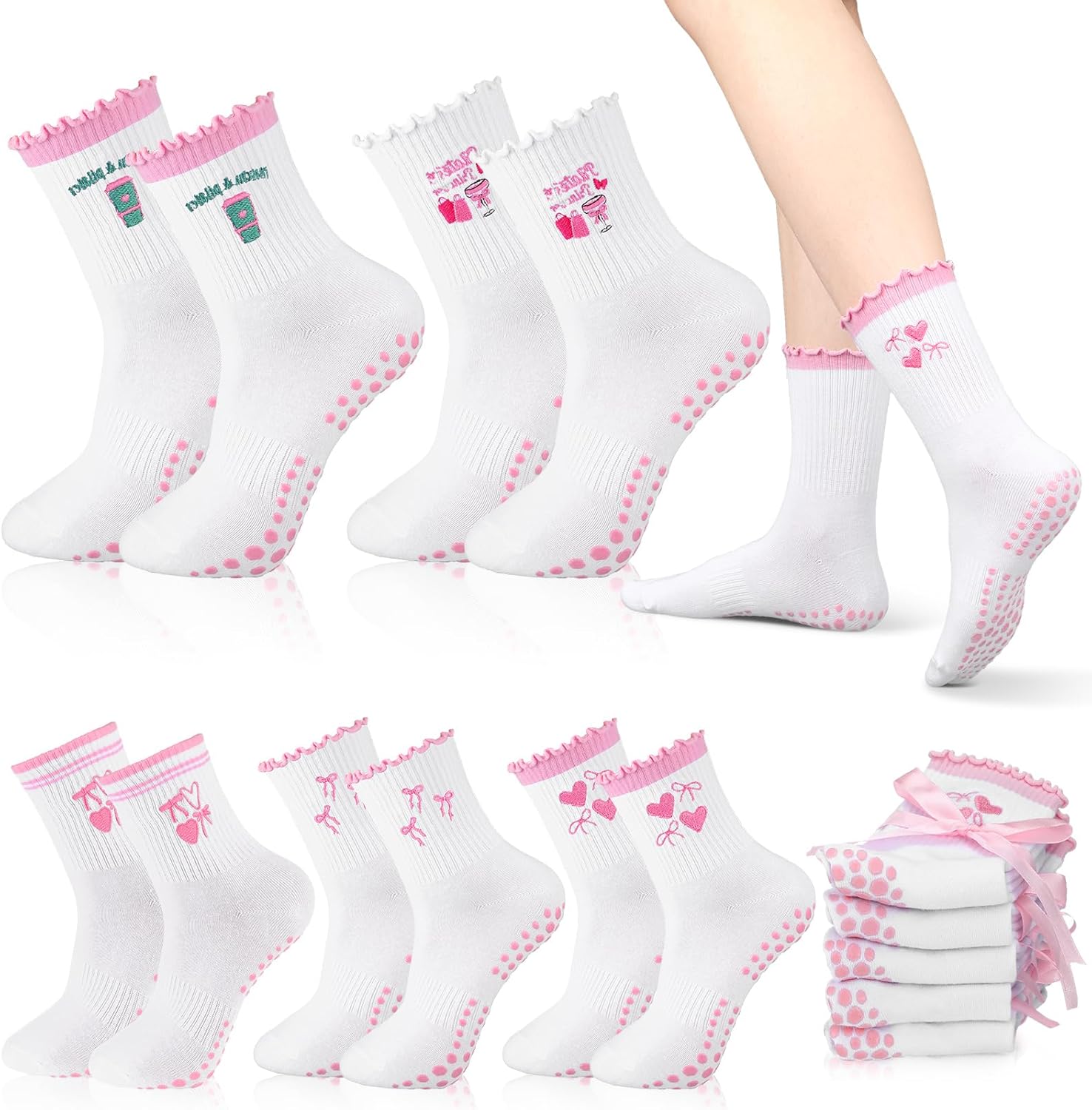5 Pairs Cute Pilates Socks with Grip for Women Cotton Non Skid Coquette Bow Cherry Ruffle Yoga Crew Workout Socks