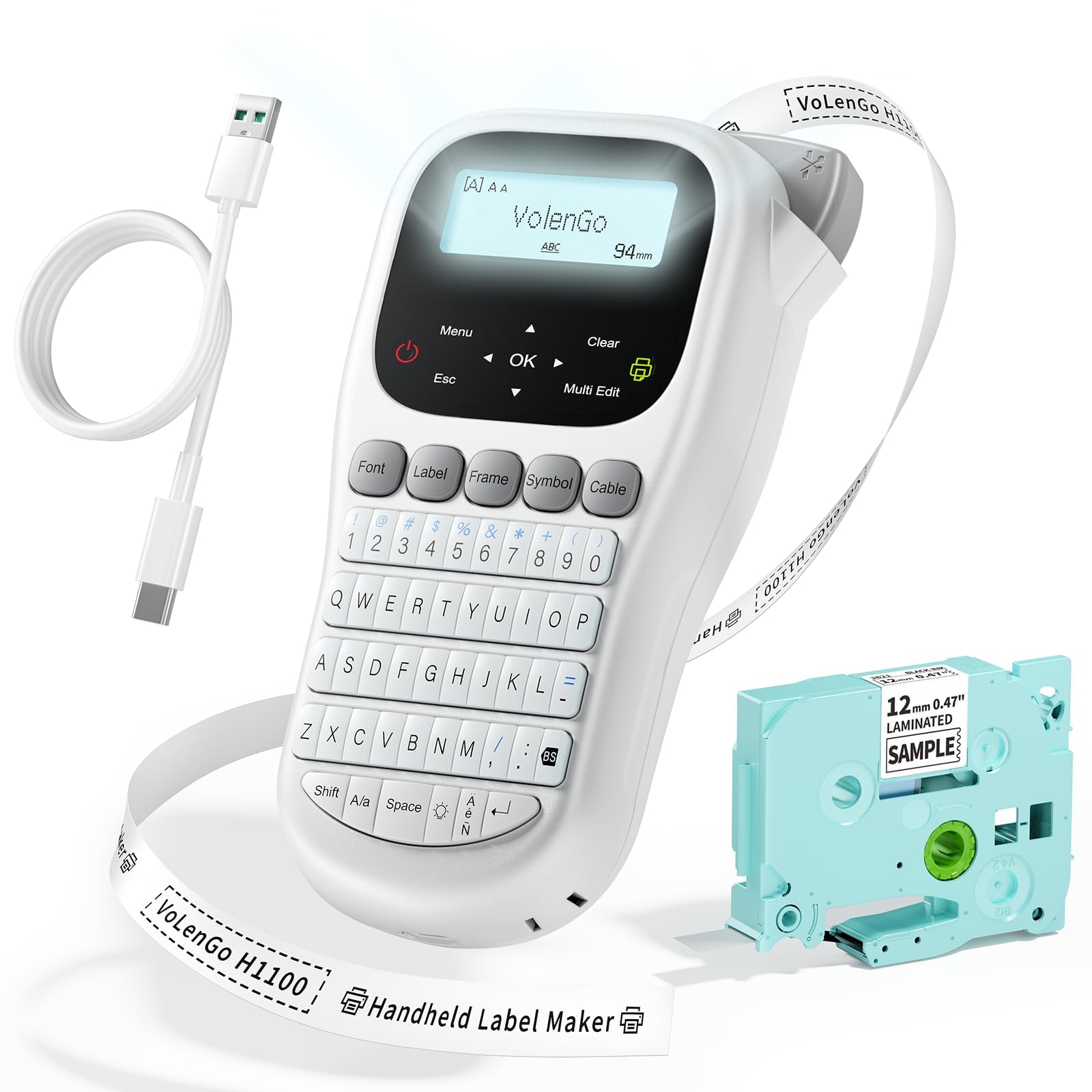 Label Maker Machine with Tape, QWERTY Keyboard Labeler with 12mm 0.47 inch Black on White Laminated Tape, Portable Label Maker Machine with Backlight LCD Screen for Home/Office/School, Grey