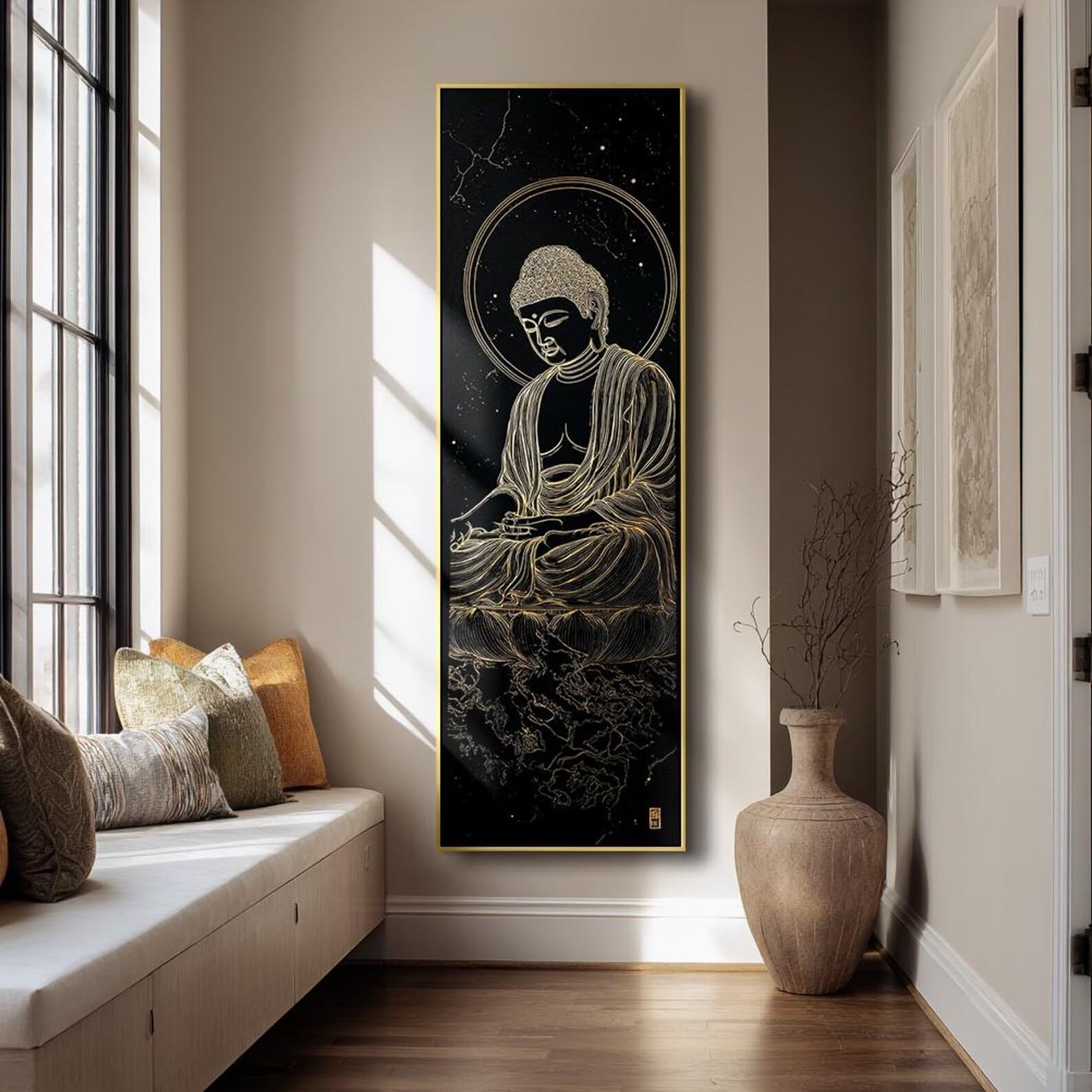 YUSUZHU Lienzo con pintura de Buda, decoración zen vertical para estudio de yoga, arte budista de gran tamaño, lámina espiritual alta y estrecha, Señor Buda (60x180cm/marco interior)
