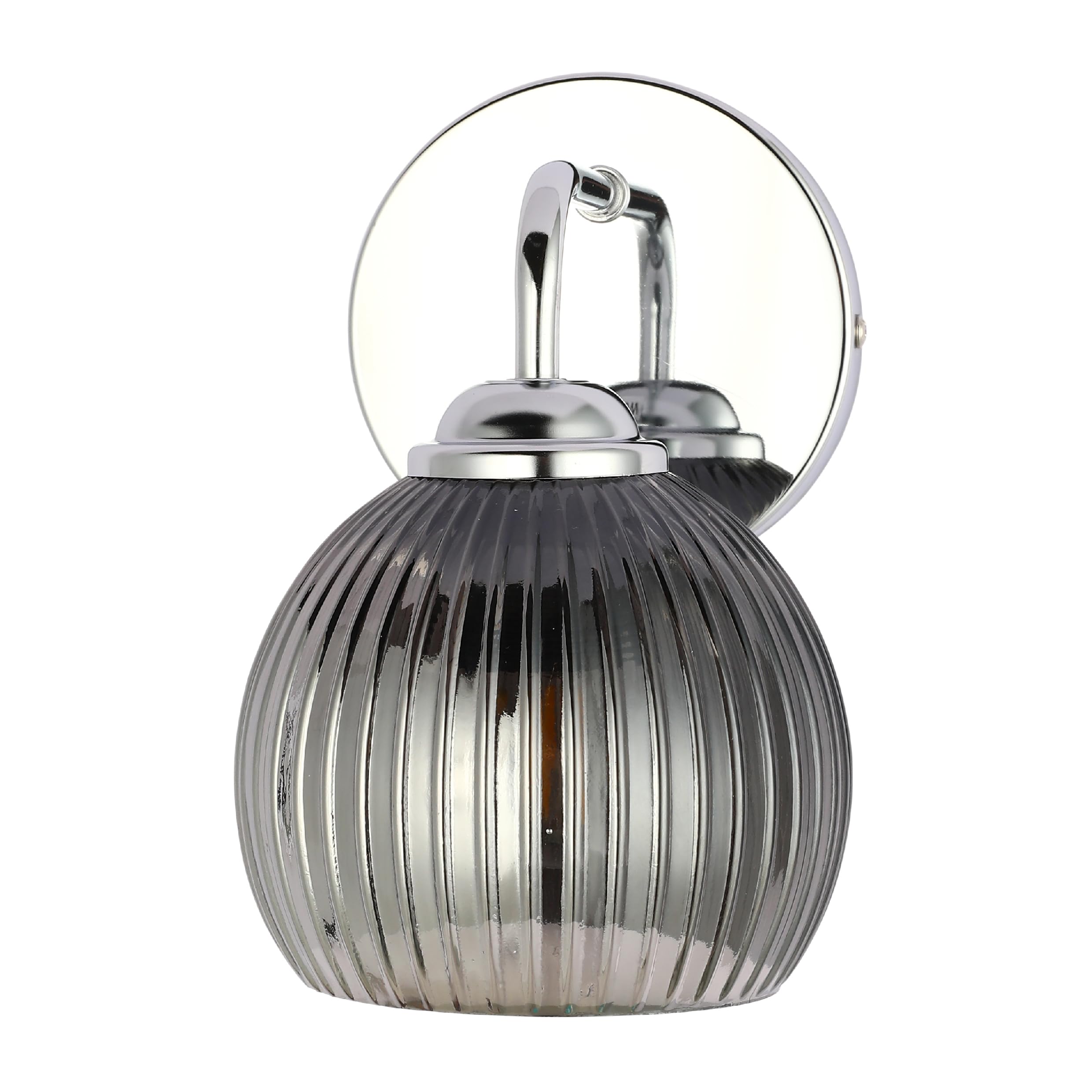 TEKLED myHome Smoky Reeded Glass Wall Light with Pull Down Switch | Chrome Vintage Wall Lamp | E27 Fitting | Indoor Lighting for Bedroom Living Room Hallway Study Café Bar (Bulb Not Included)