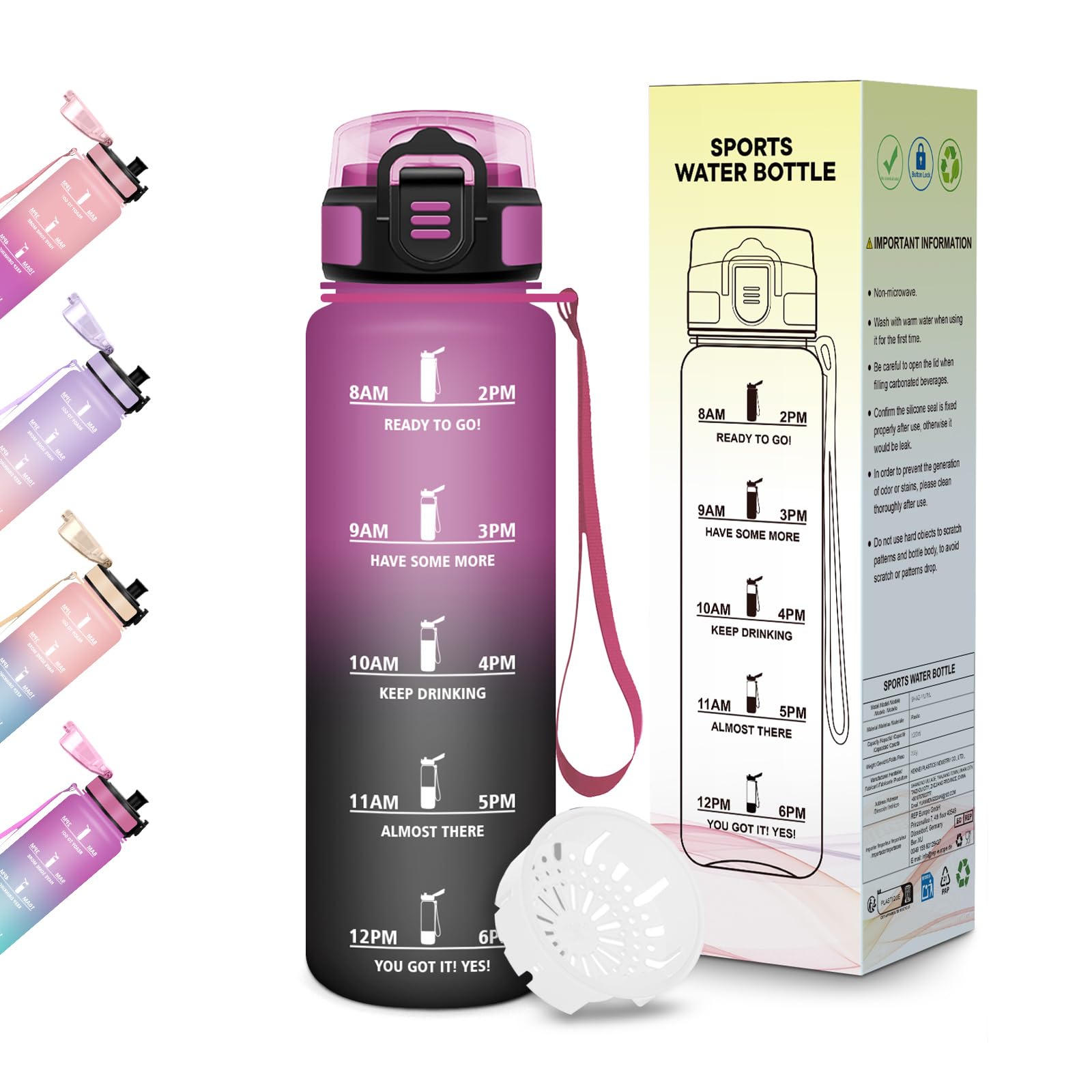 Motswedi Borraccia Bambini, 500ml Senza BPA, Design della serratura a prova di perdite, Borraccia Motivazionale, Con marca temporale, per Scuola, Sport e Trekking - Viola&Nero