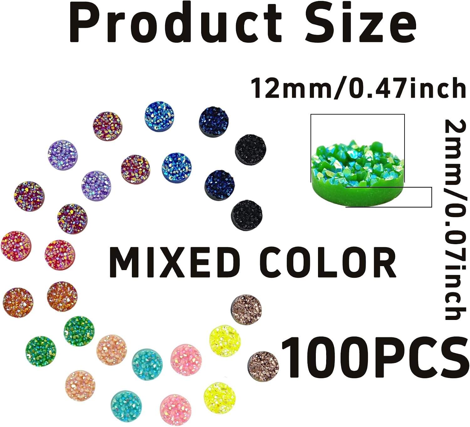 pson 100Pcs 12mm Druzy Cabochons Round Resin Domed Gems, Faux Cabochon Set for DIY Jewelry Making Earrings, Pendants, Bracelet Charms, Craft (Multicolor) image 2