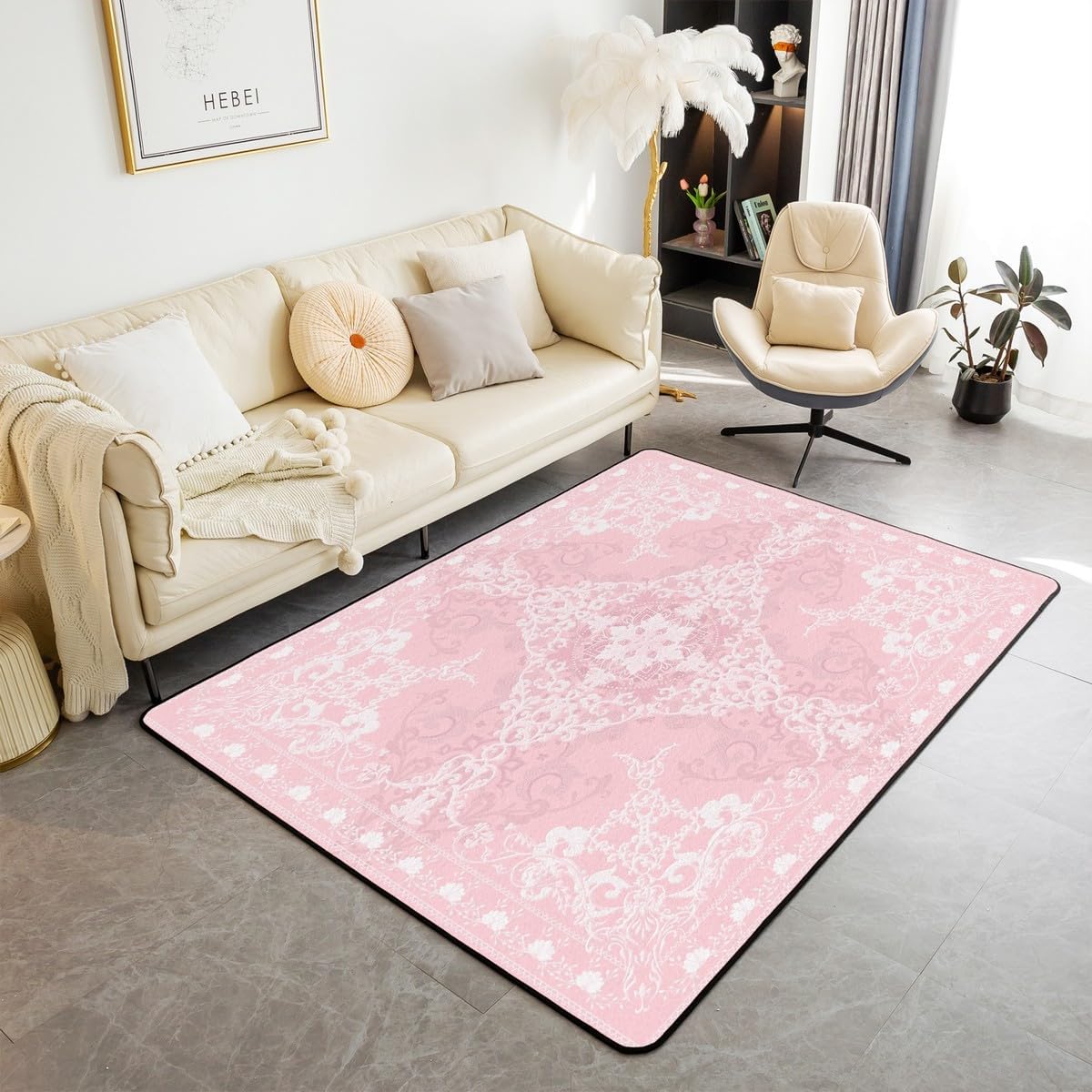 Erosebridal Black Pink Damask Area Rug 4'11" x 3'3" Vintage Damask Floral Living Room Rugs Goth Exotic Aesthetics Decorative Carpet Victorian Baroque Flower Indoor Floor Mat