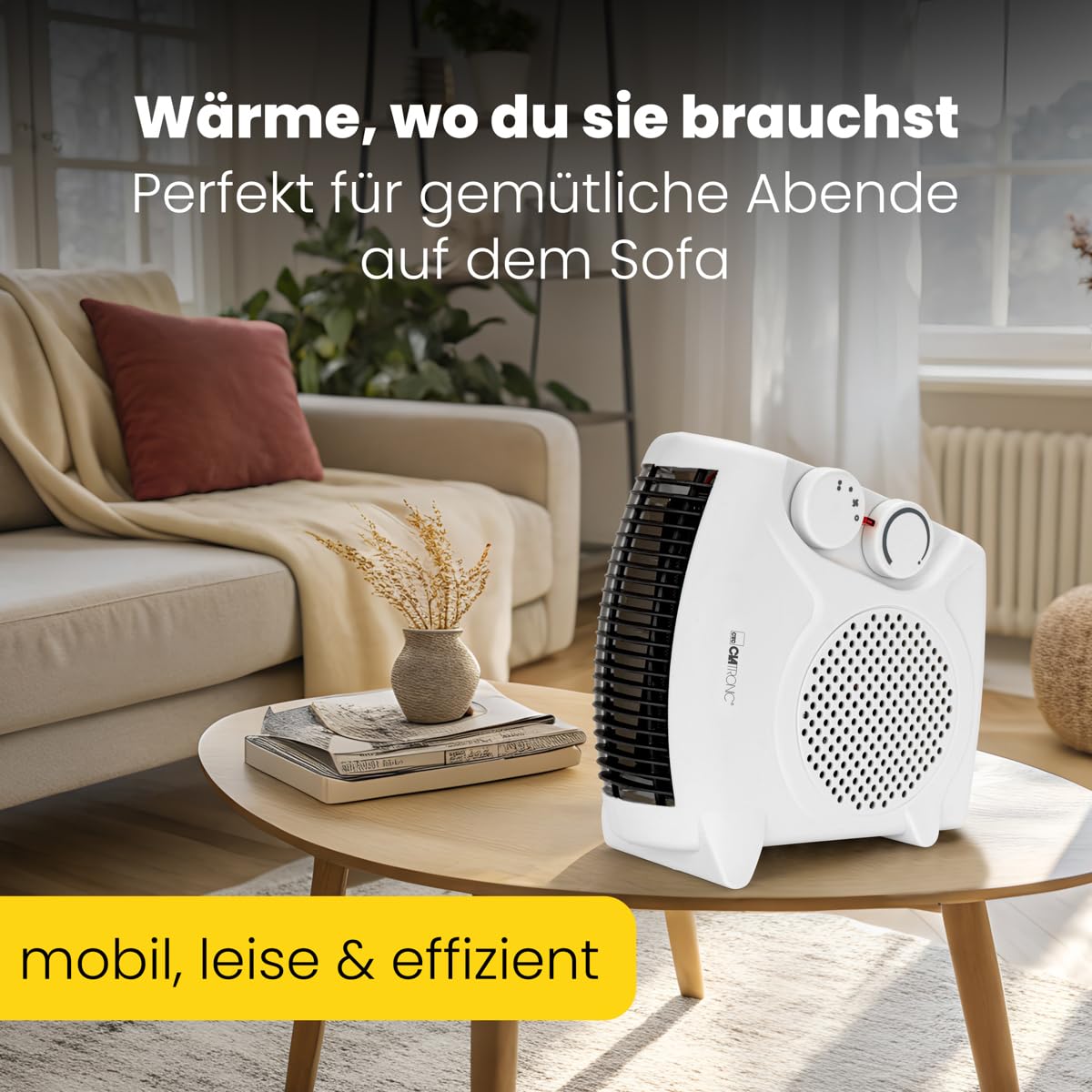 Termoventilatore mobile e compatto Clatronic® | 2000 W e 1000 W | con funzione ventilatore e protezione contro il surriscaldamento | 2 possibilità di installazione | HL 3838