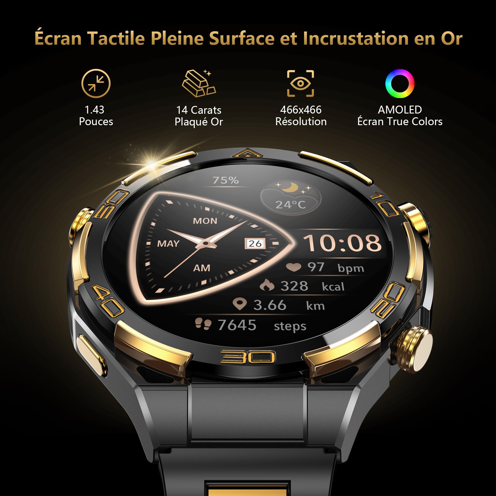 IOWODO Montre Connectée Homme, Style Business Luxueux avec Incrustation en Or 14K, ChatGPT AI, GPS et Boussole, écran AMOLED 1,43", Appels Bluetooth, Autonomie de 20 Jours, Cadrans IA, Suivi de Santé