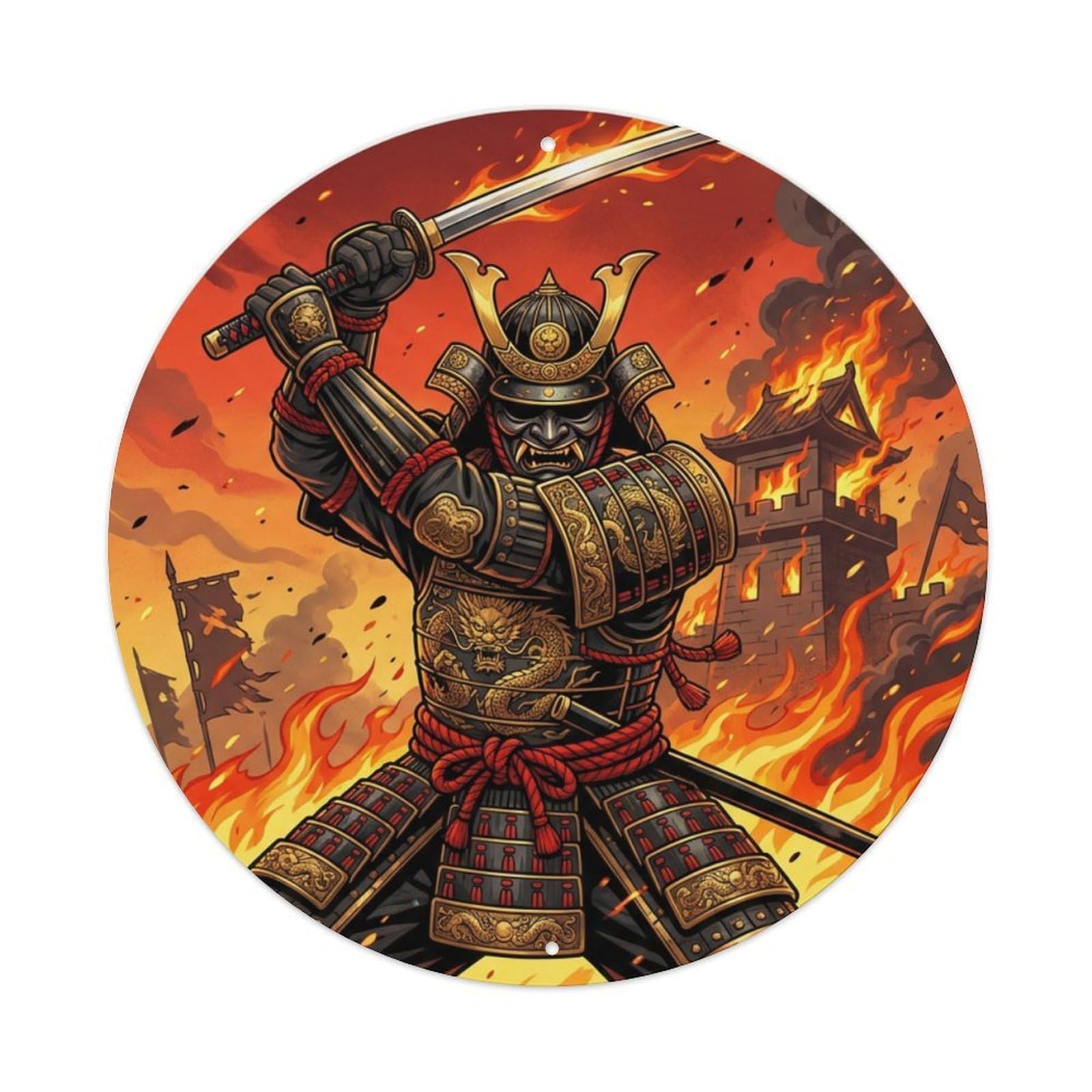 Cwbufd Vintage Style Samurai Warrior Armor Strike Pose Tower Flame Noble Vintage Metal Tin Sign Plaque Wall Decor For Cafe, Club Bar, Office, Garden Metal Poster 8X8inch