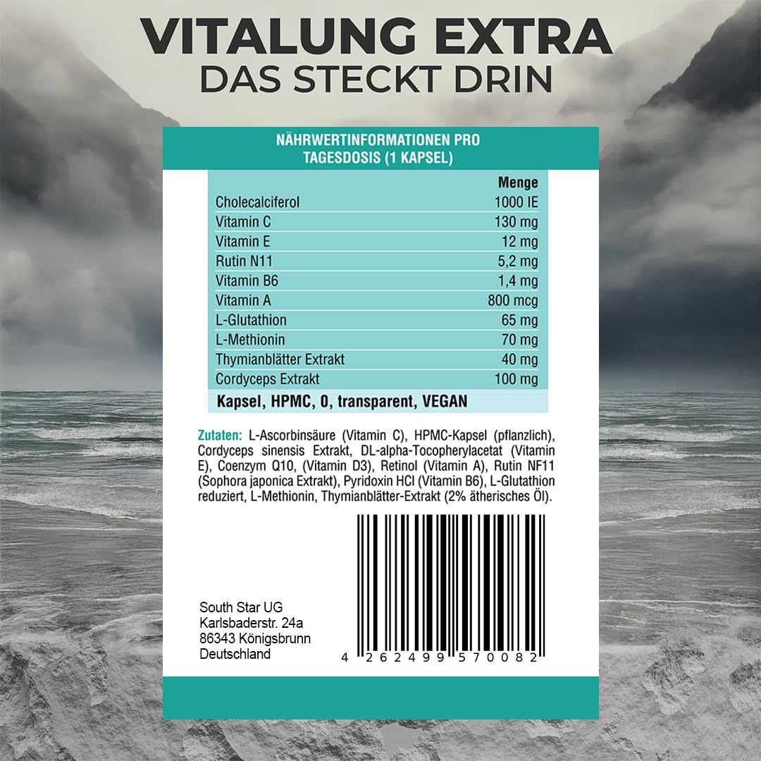 VitalungExtra Lungenkraut-Extrakt mit 50 mg Cordyceps und Thymian – hochdosiert & vegan für die Lunge – Vitamin A, C, E & B6 – Chinesischer Vitalpilz & Atem-Komplex (30 Kapseln)