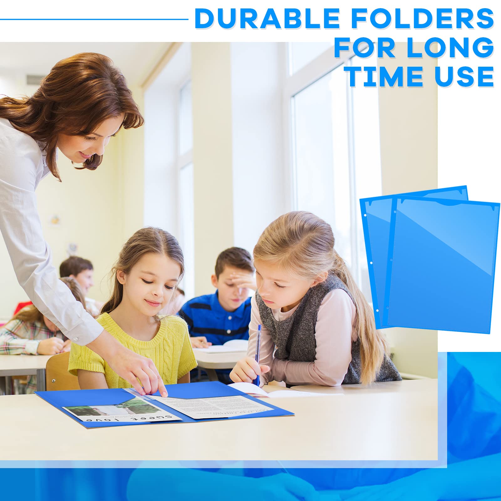 Henoyso Ordner mit 3 Löchern, 2 Taschenordner mit 3 Zinken, strapazierfähig, dicker Kunststoff, mit transparenter Vordertasche für 3-Ringbinder, Schule, Büro und Klassenzimmer, 30 x 24 cm, 60 Stück