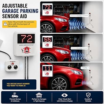 Garage Parking Assistant Digital Meter with Car Stop Indicator Light and Parking Sensor - Digital Parking Stopper for Garage - Car Bumper Guard – No Laser Harm Garage Parking Assist