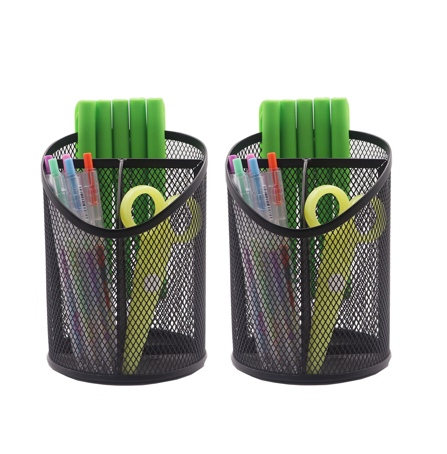Delifox2 Pack Pen Holder Mesh Round Pencil Holder Desktop Organizer 3 Compartments, Black