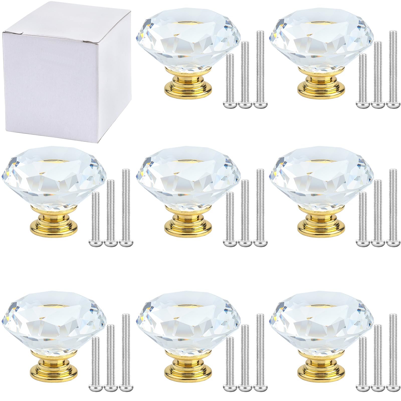 LHNNDM 8 Pcs 40mm Crystal Glass Cabinet Door Knobs, Screws for Home Kitchen Office Cabinet Drawer Decorating (Diamond-Shaped, Gold-Base Black) (Gold-Base Transparent, Diamond-Shaped)