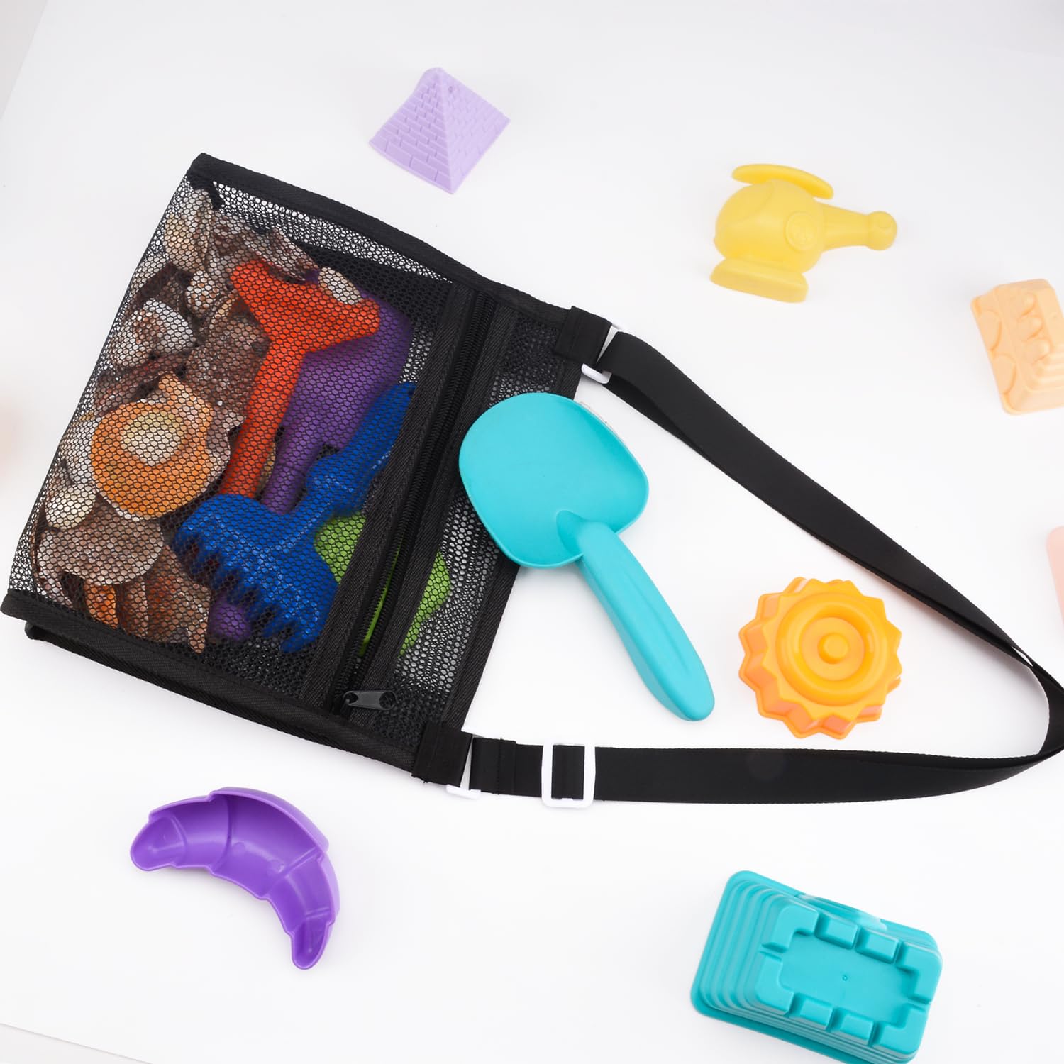 MUYIZI Pala de malla de playa con bolsas de malla para recoger conchas (azul zafiro + negro)