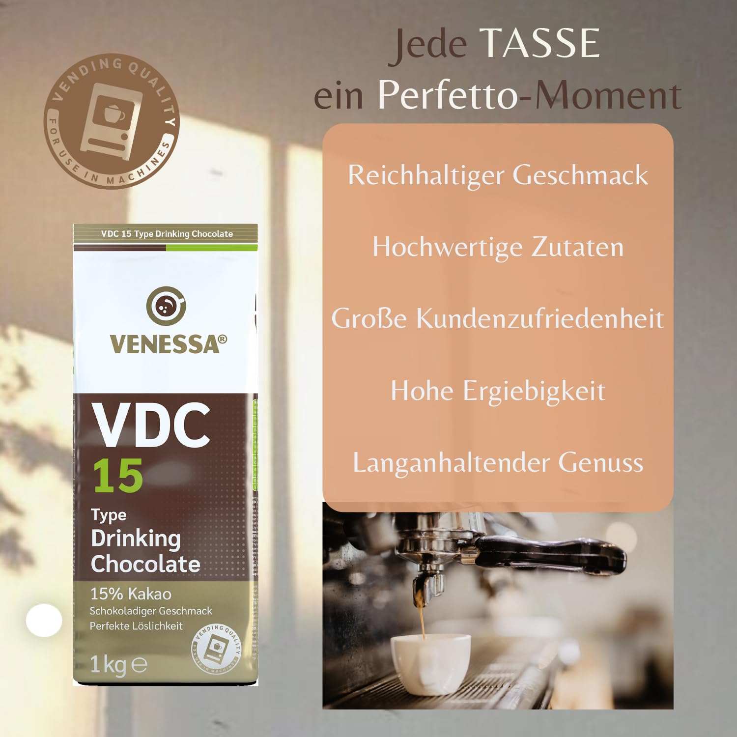Venessa VDC 9 - Chocolate para beber (5 x 1 kg, 9% de cacao y leche, cacao en polvo para gastro, máquinas expendedoras, ligeramente dulce, agradable