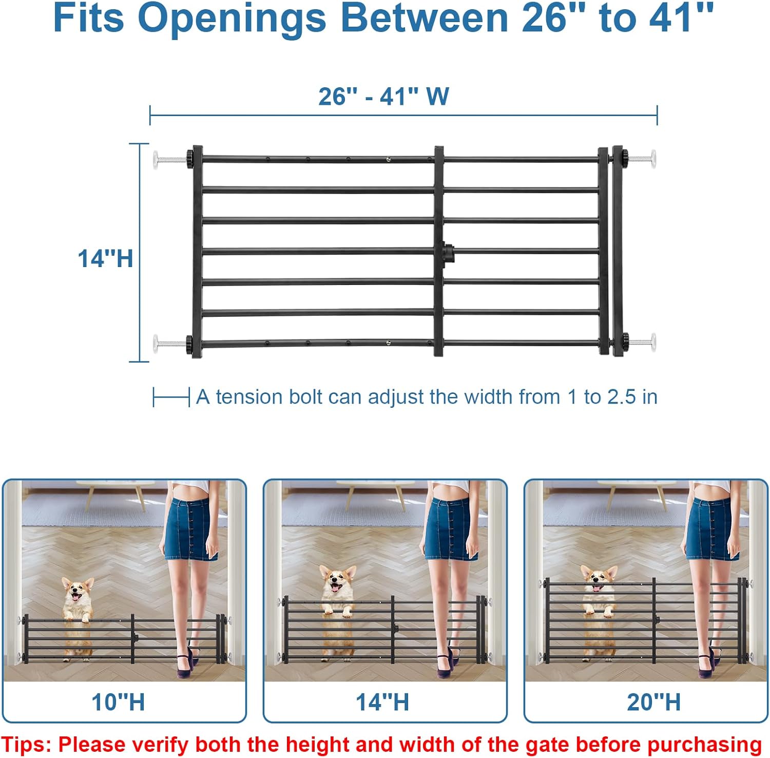 Malier Indoor Dog Gate with Door, 26-41 Extra Wide Full Metal Pet Gate Short Dog Gate for Stairs, Pressure Mount 14'' Tall Small Puppy Low Gate Easy Step Over for Doorways