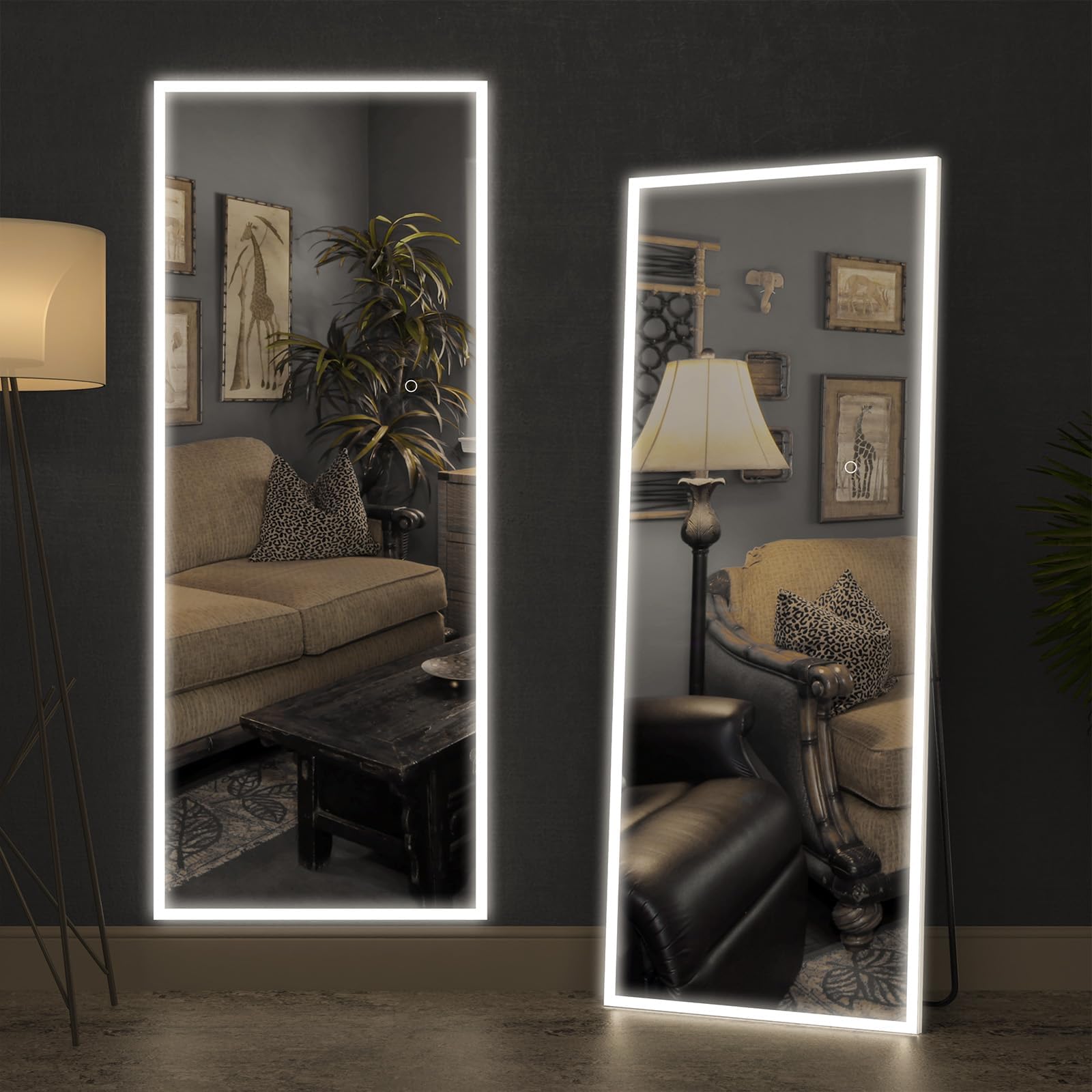 CASSILANDO 63 x 20 Inch Full Length Mirror with LED Lights, Free Standing Floor Mirror, Wall Mounted Mirror, Color Dimmable & Brightness Adjustment for Bedroom, LED, White with Stand