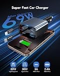 69W Chargeur de voiture rétractable, 4-in-1 Chargeur de téléphone voiture rapide avec 2.6ft Deux câbles rétractables USB C+USB A Car Charger Block Cube, Compatible avec iPhone 16 15 14 13 12 Pro Max Plus,Galaxy, pixels