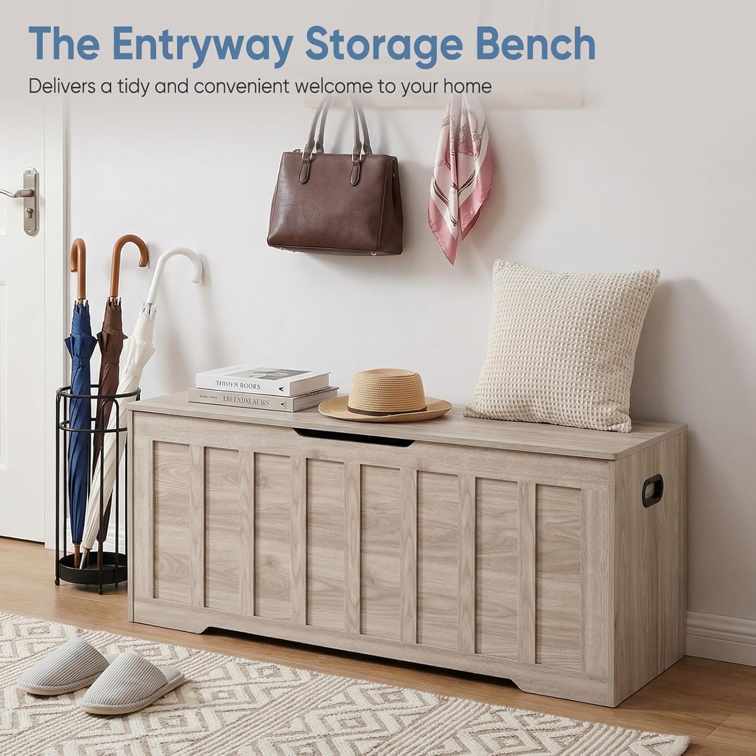 DUMOS 47.2" Extra Large Storage Bench with 2 Safety Gel-Buffered Hinges, Blanket Chest for Bedroom Living Room, Support 150lbs, 2 U-Shaped Cut-Out Pull, Non-Slip Base, Rustic Wood