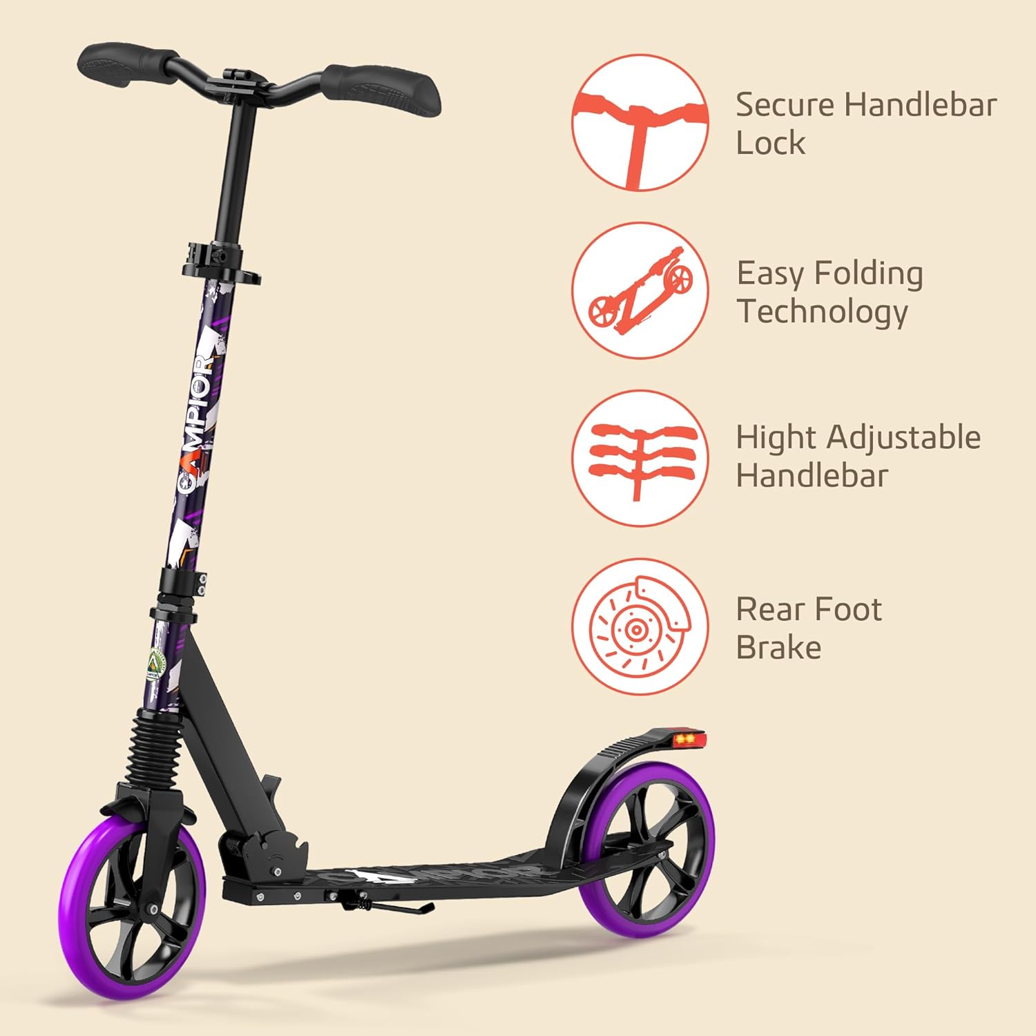 Kick Scooter for Ages 6+, for Kids, Teens, and Adults, Max Load 240 LBS, Foldable, 8-inch Big Wheels for Kids and Adults, with Kickstand, 3 Adjustable Levels, Child Safety Approved, Purple