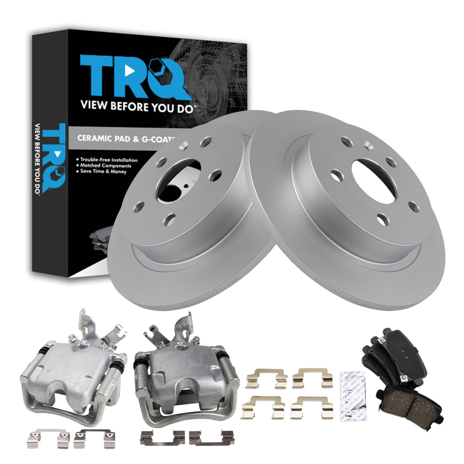 TRQ Rear Brake Pad and Rotor Set Ceramic Solid Rotors Calipers