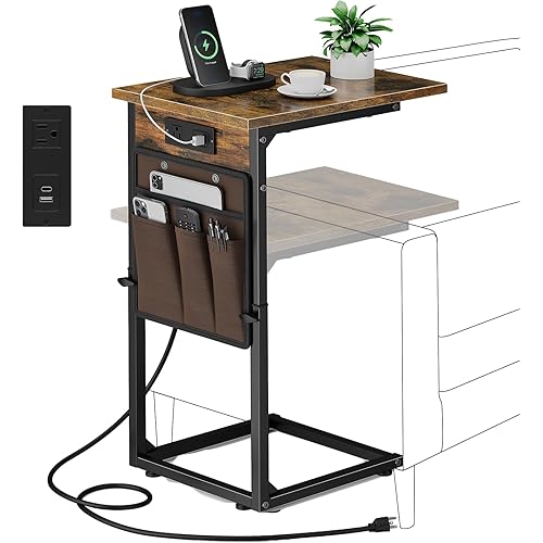 Vagusicc C Shaped End Table with Charging Station, Adjustable Height Side Table for Couch, Small Sofa Table with Storage Bag, Slide Under Sofa TV Tray Snack Arm Tables for Living Room, Bedroom, Brown