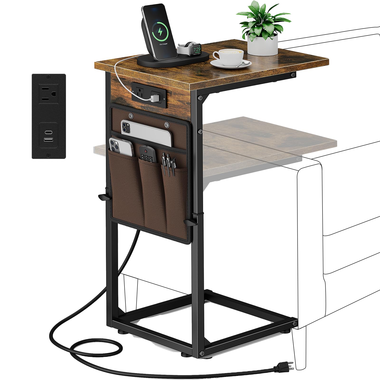 Vagusicc C Shaped End Table with Charging Station, Adjustable Height Side Table for Couch, Small Sofa Table with Storage Bag, Slide Under Sofa TV Tray