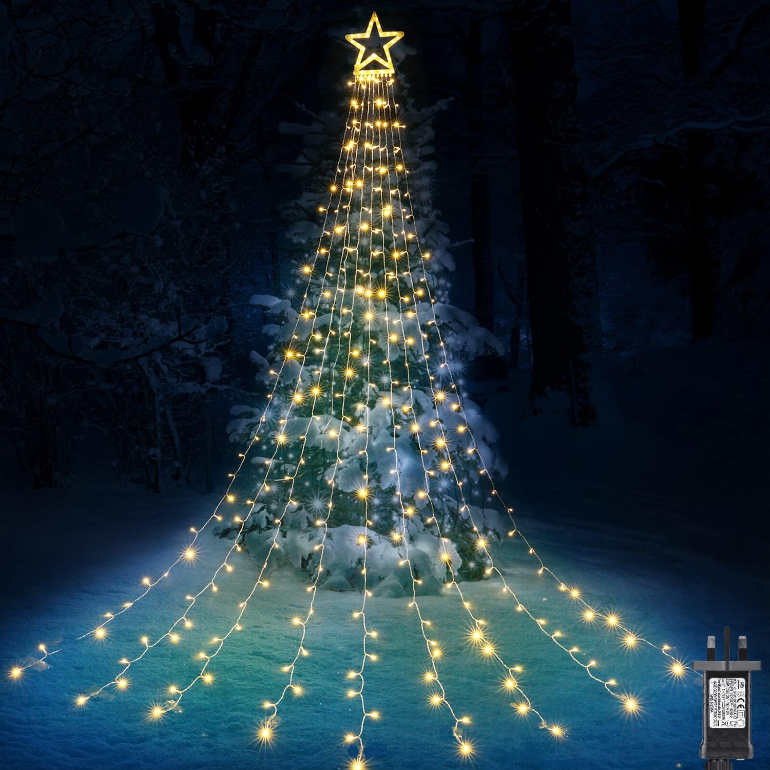 GeemooChristmas Lights Outdoor 317 LED 10ft x 9 Strand Christmas Tree Lights with 12in Topper Star, 8 Lighting Modes Fairy Lights Mains Powered for Xmas Tree Christmas Decorations (Warm White)