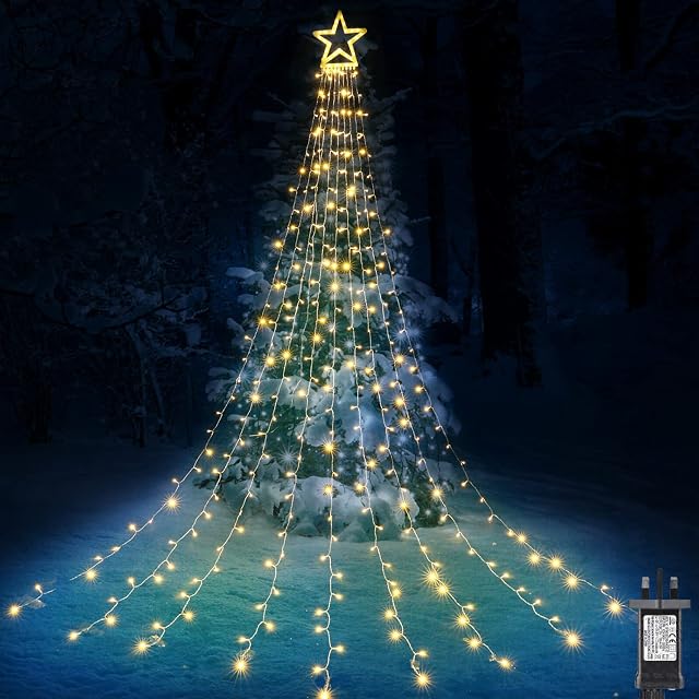 Geemoo Christmas Lights Outdoor 317 LED 10ft x 9 Strand Christmas Tree Lights with 12in Topper Star, 8 Lighting Modes Fairy Lights Mains Powered for Xmas Tree Christmas Decorations (Warm White)