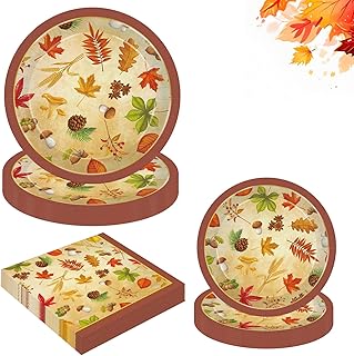 80PCS Thanksgiving Paper Platesand Napkins for 20 Guests includes 20 9" Dinner Plates 20 7" Dessert Plates and 40 Napkins in Gold Foil Fall Design,Thanksgiving Disposable Plates