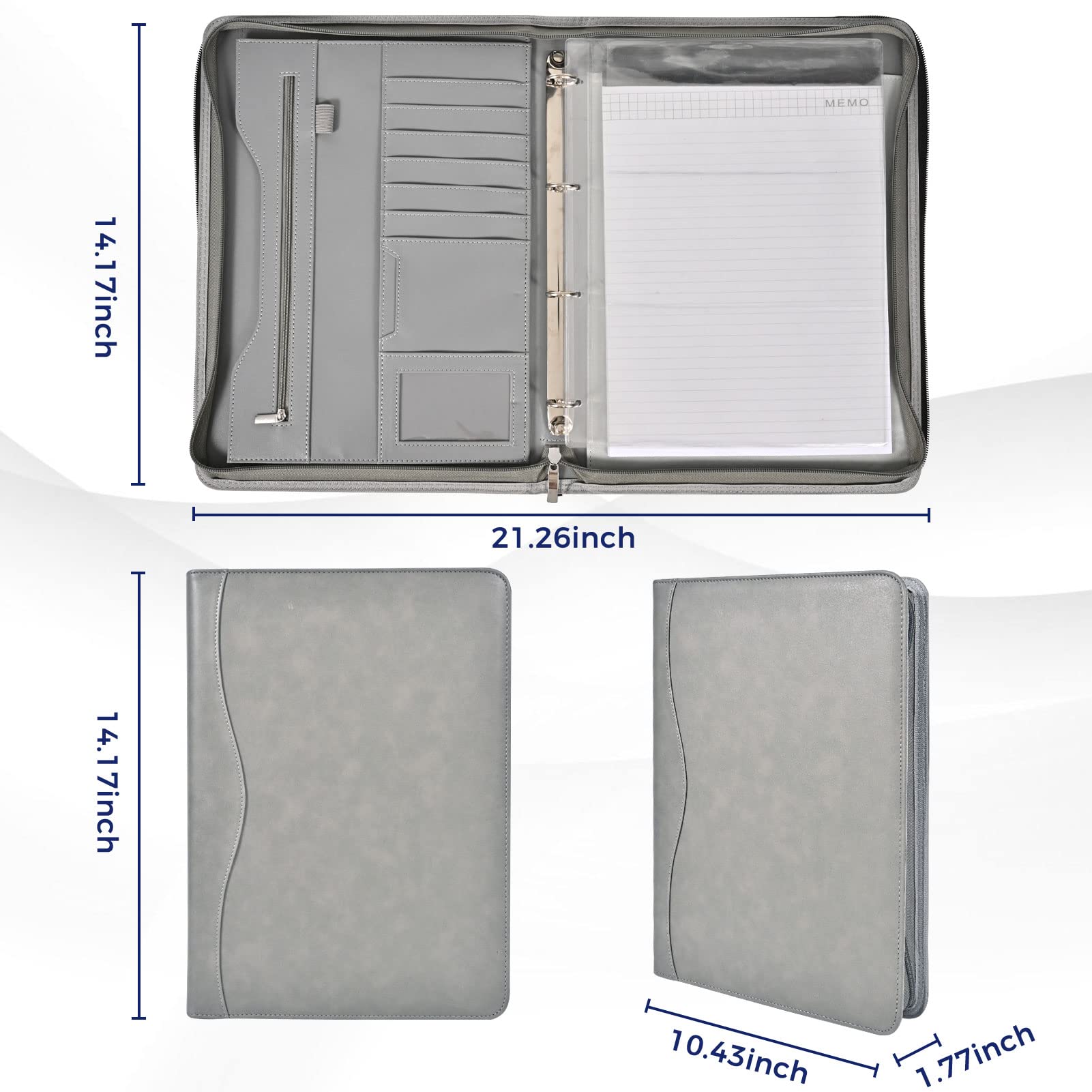Porte-documents organiseur d'affaires et carnet de notes à anneaux amovibles, classeurs à fermeture éclair pour homme et femme (gris)