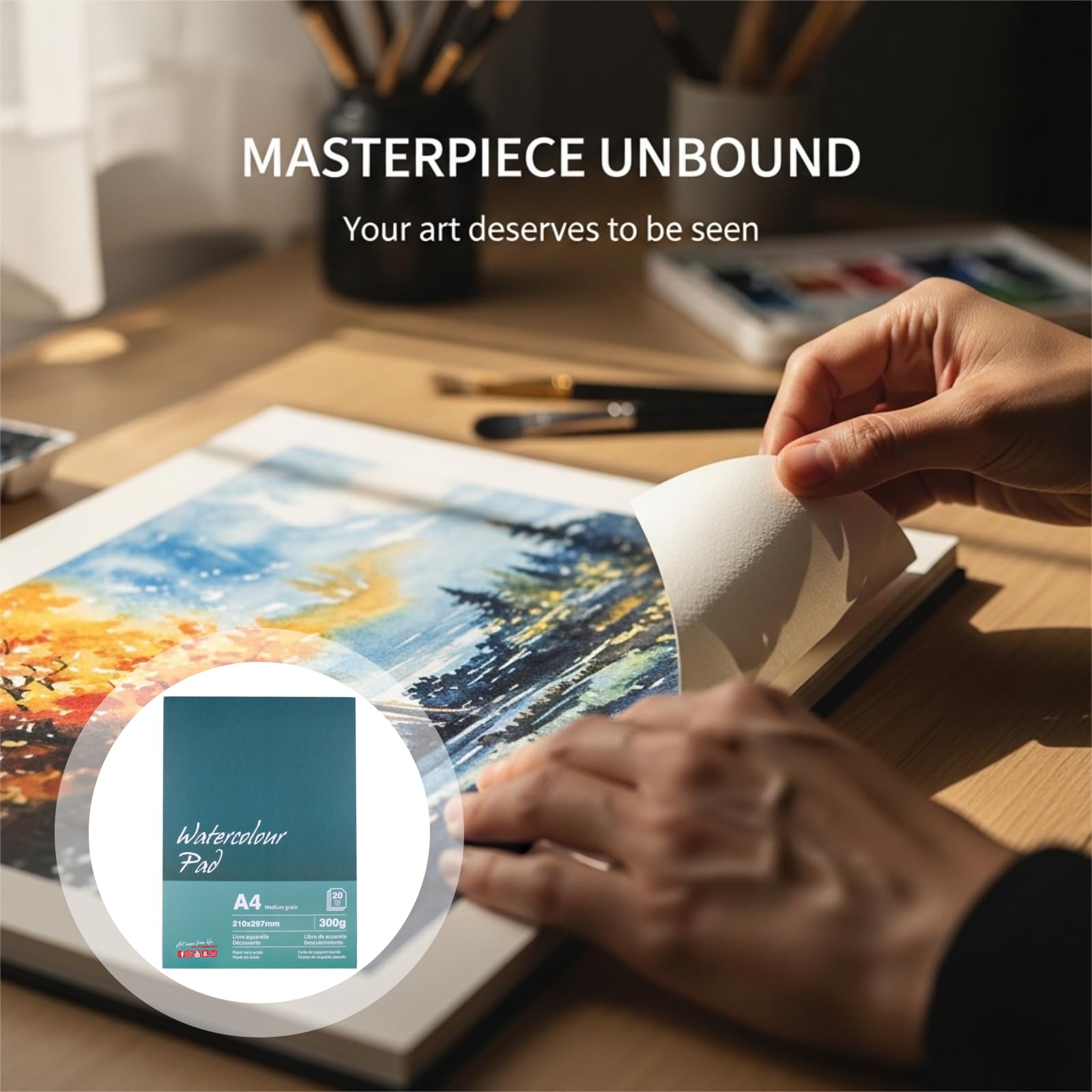 A4 Aquarellpapier Block, 300 g/m², 20 Blatt, einseitig geleimt, mit Baumwollzellstoff, säurefrei, dickes kaltgepresstes Aquarellpapier für Aquarell und Buntstiftmalerei