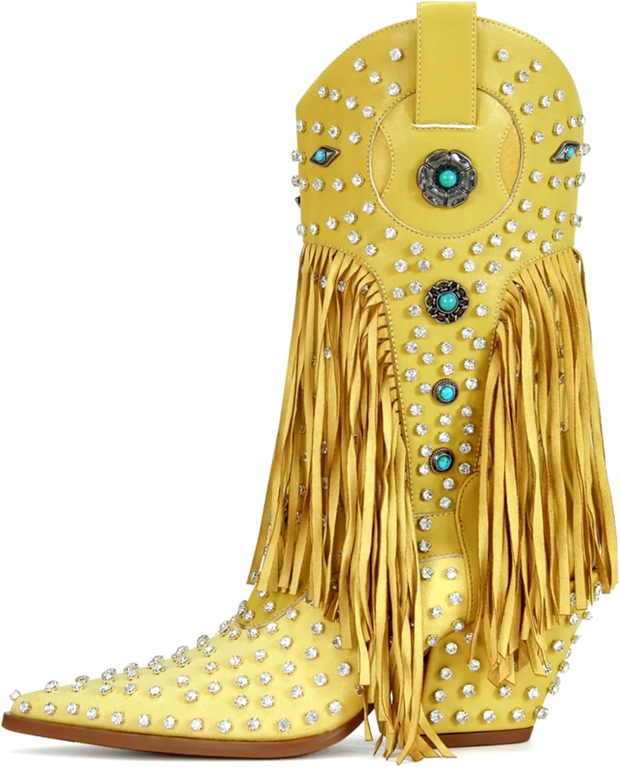 Fringe Cowboy Boots for Women Cowgirl Boots Womens Sparkly Rhinestone Boot with Chunky Heel Wide Mid Calf Pointed Toe Boot Side Zipper Dress Shoes