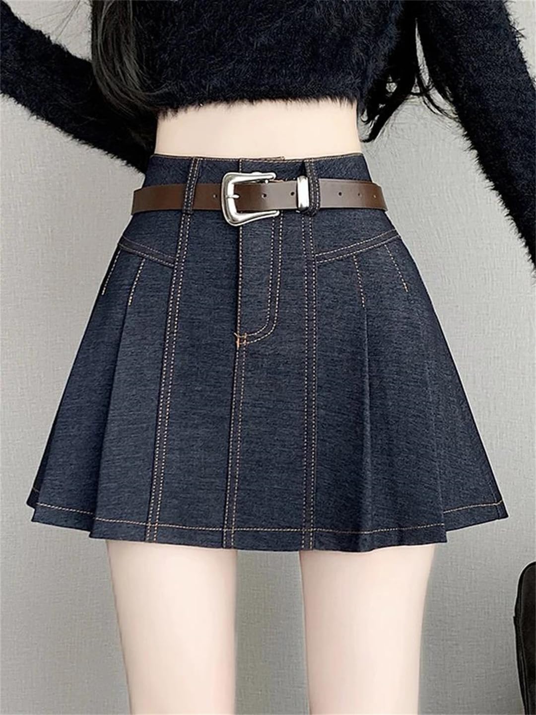 Gonna a pieghe in denim da donna estiva vintage a vita alta svasata casual all-match gonna al ginocchio