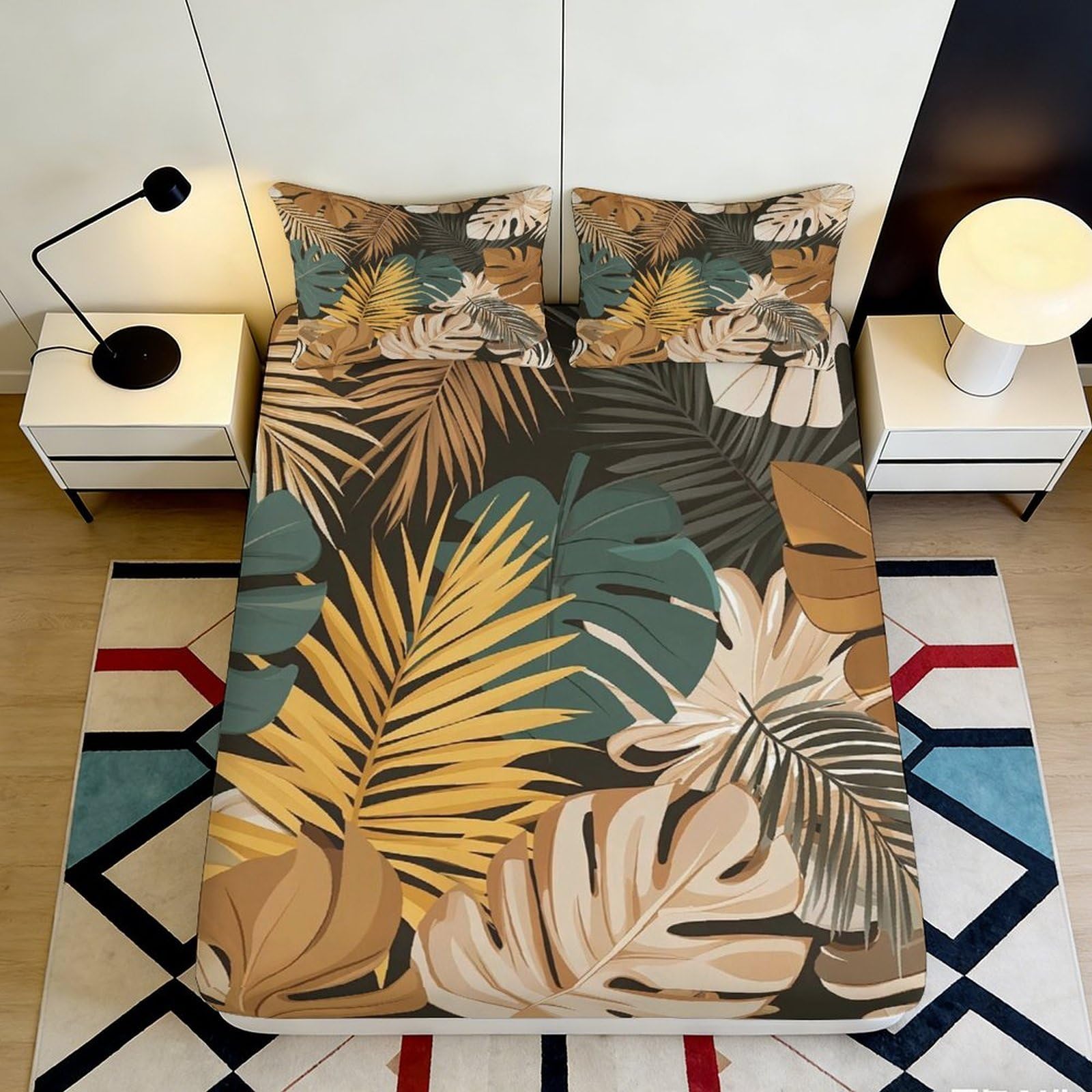 3D Printed Tropical Leaves Fitted Sheet Microfiber Durable Soft 3D Printed Exotic Palm Mattress Cover for Bedroom Dorm Dormitory Guest Room Decor 120x200x25cm