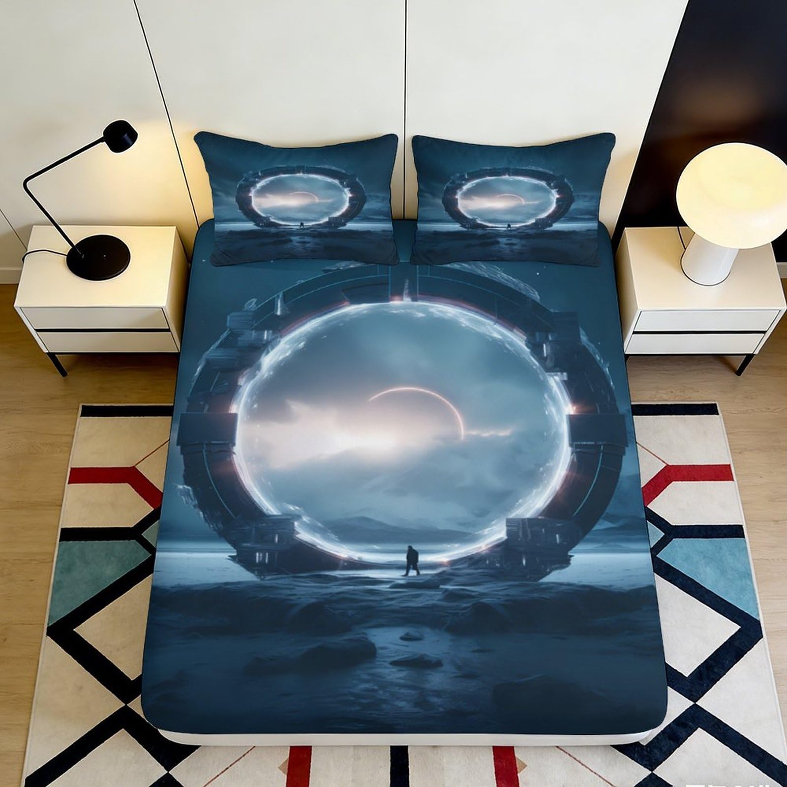 3D Printed Sci-Fi Circle Fitted Sheet Microfiber Deep Pocket Bedroom Bedding Circular Mattress Fitted Cover Non-Slip Washable for Adults 200x200x25cm