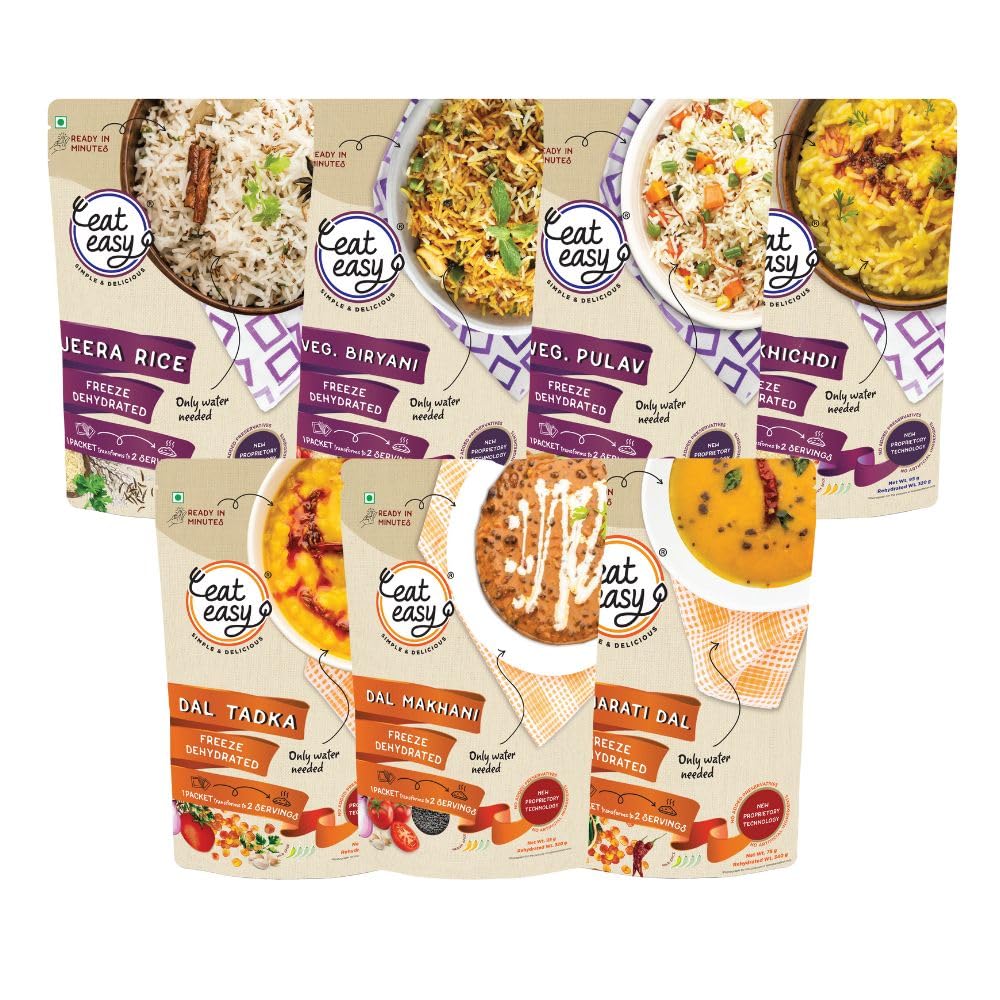 Eat Easy Ready To Eat Rice Dal Combo of 7- Veg Biryani, Veg Pulav, Jeera Rice, Dal Khichdi, Dal Makhani, Dal Tadka, Gujarati Dal | Just Add Water and Cook | Delicious Instant Food | Freeze Dehydrated Healthy Instant Travel, Camping, Trekking, Hostel Food-image-36