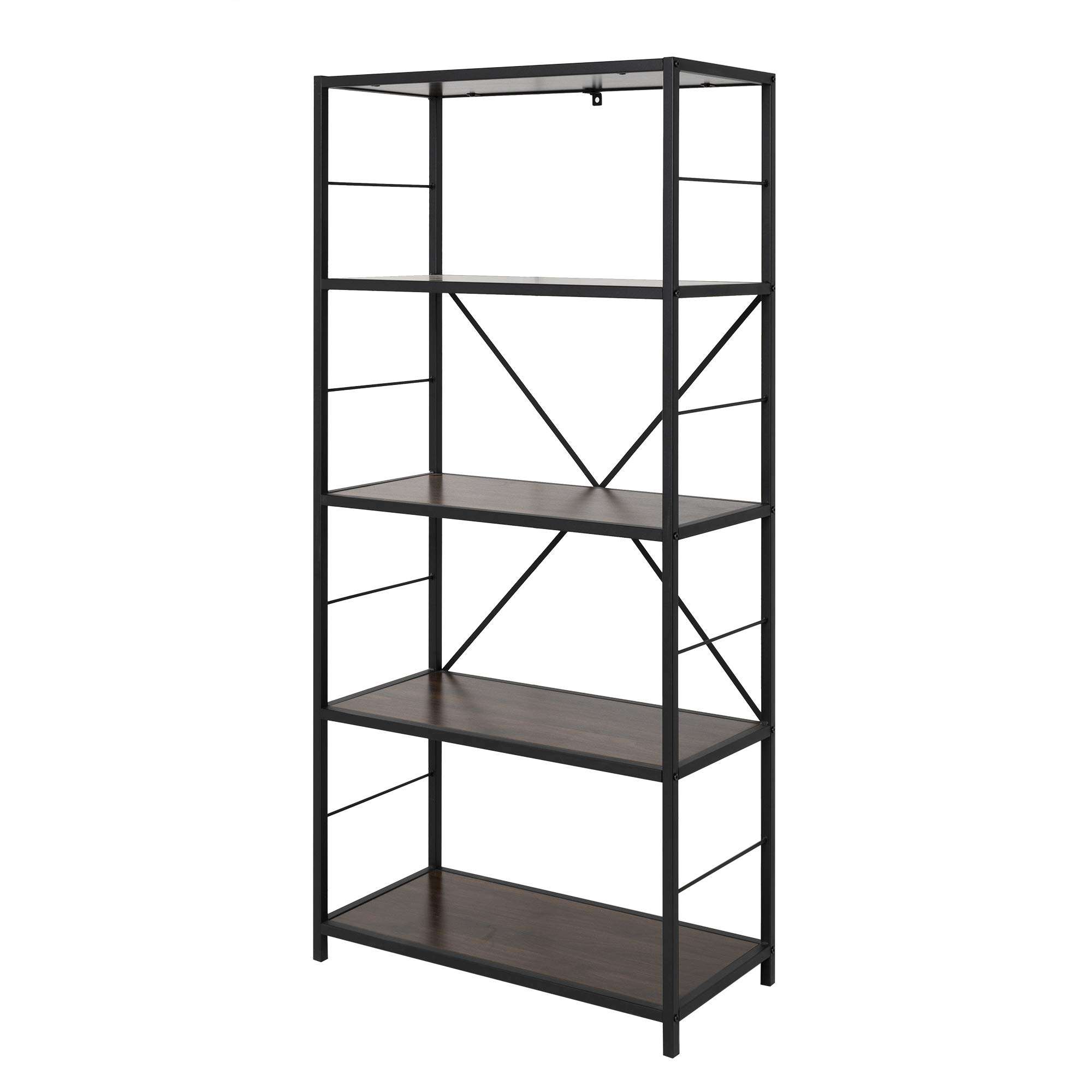 Walker Edison 4 Tier Open Shelf Rustic Wood Metal Bookcase Tall Bookshelf Storage Home Office, 60 Inch, Dark Walnut